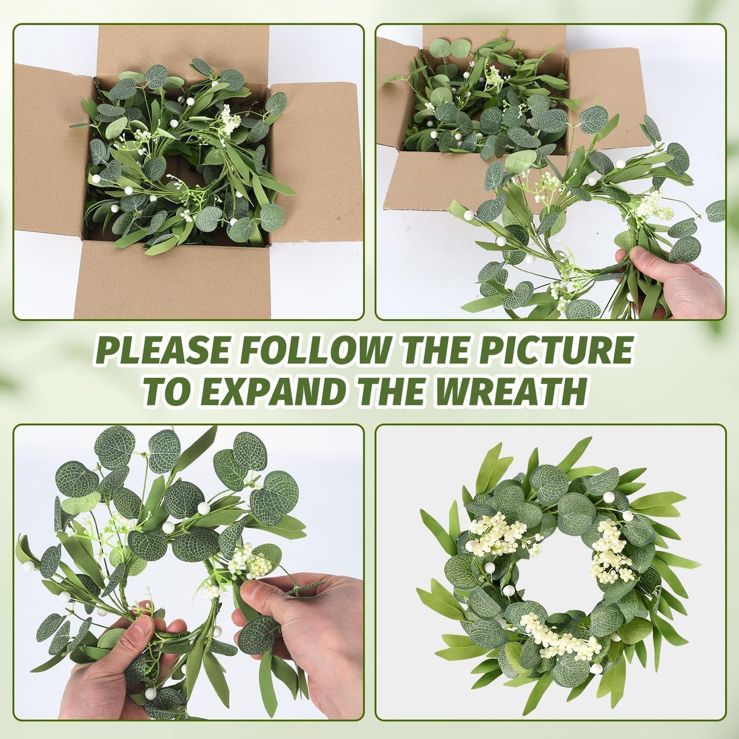 4 Pcs Green Artificial Eucalyptus Candle Rings Wreaths Mini Green Kitchen Cabinet Wreath Table Centerpieces Spring Summer with White Berry for Pillars Farmhouse Porch Front Door Wedding Decor