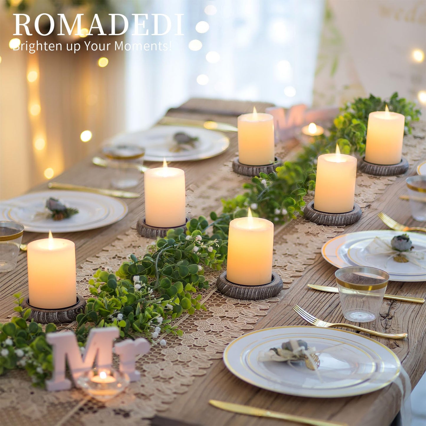 Romadedi Wood Candle Holder Farmhouse Decor - Pillar Candle Holders for Table Centerpiece Small Tray Riser Set of 4 Round Wooden Plate Pedestal Stand for Coffee Table Home Living Room, Whitewash