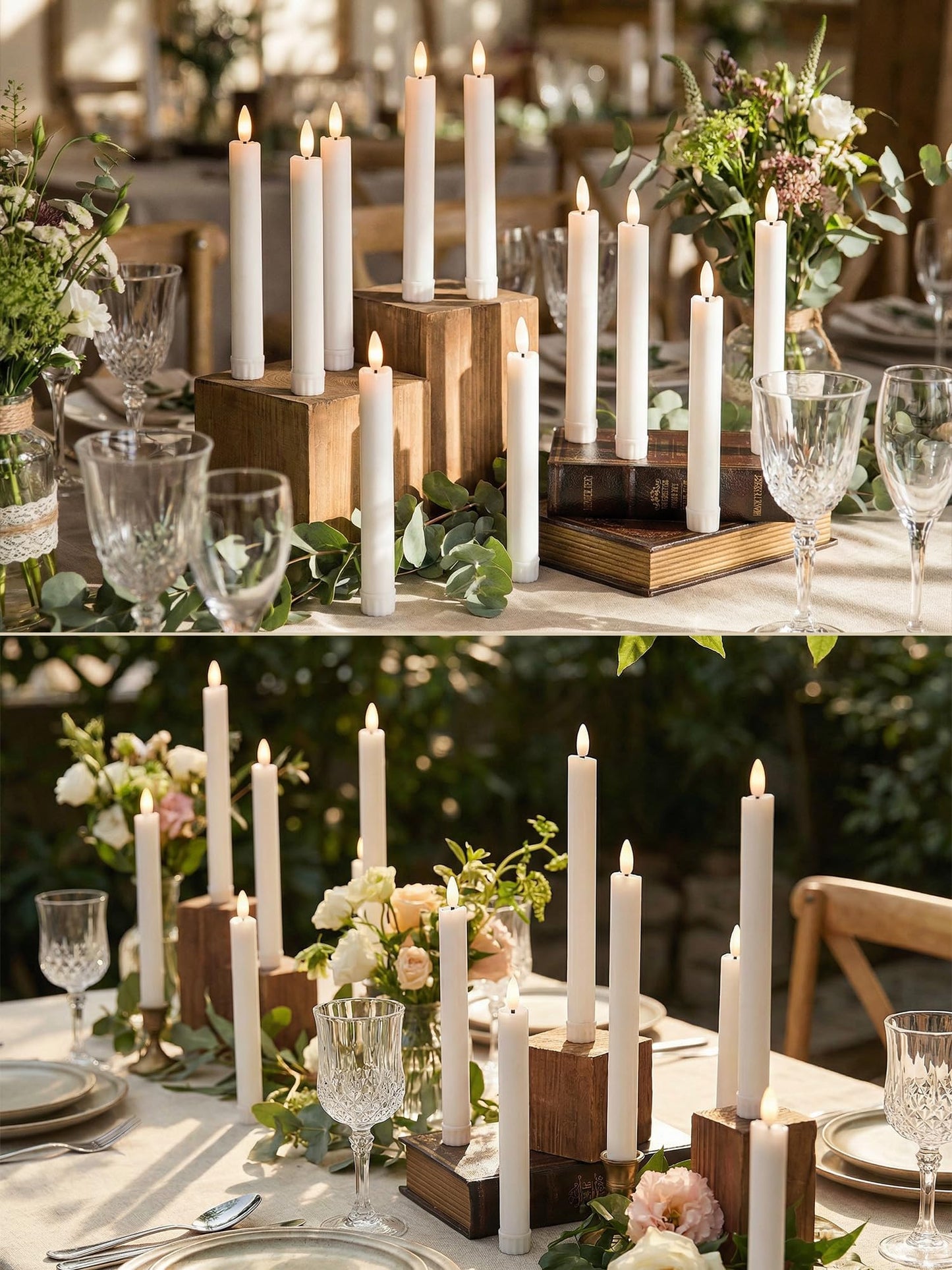 Funtery 24 Pieces 6.5" Flameless LED Taper Candles with Remote Timer Battery Operated Candles Bulk Short LED Candlestick Flickering for Graduation Father's Day Wedding Party Decor(White,Elegant Style)