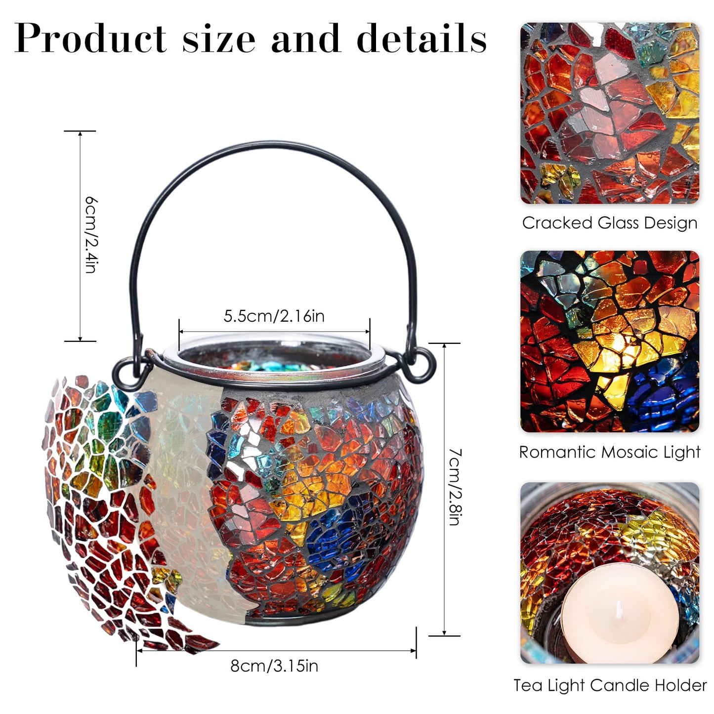 Rancco Candle Holder Mosaic Tea Light Holder, Votive Candle Holders with Handle for Thanksgiving Table Centerpiece Christmas Party Decor, Also Used as Vase, Pen Holder, Potted Plants Bowl (Rainbow)