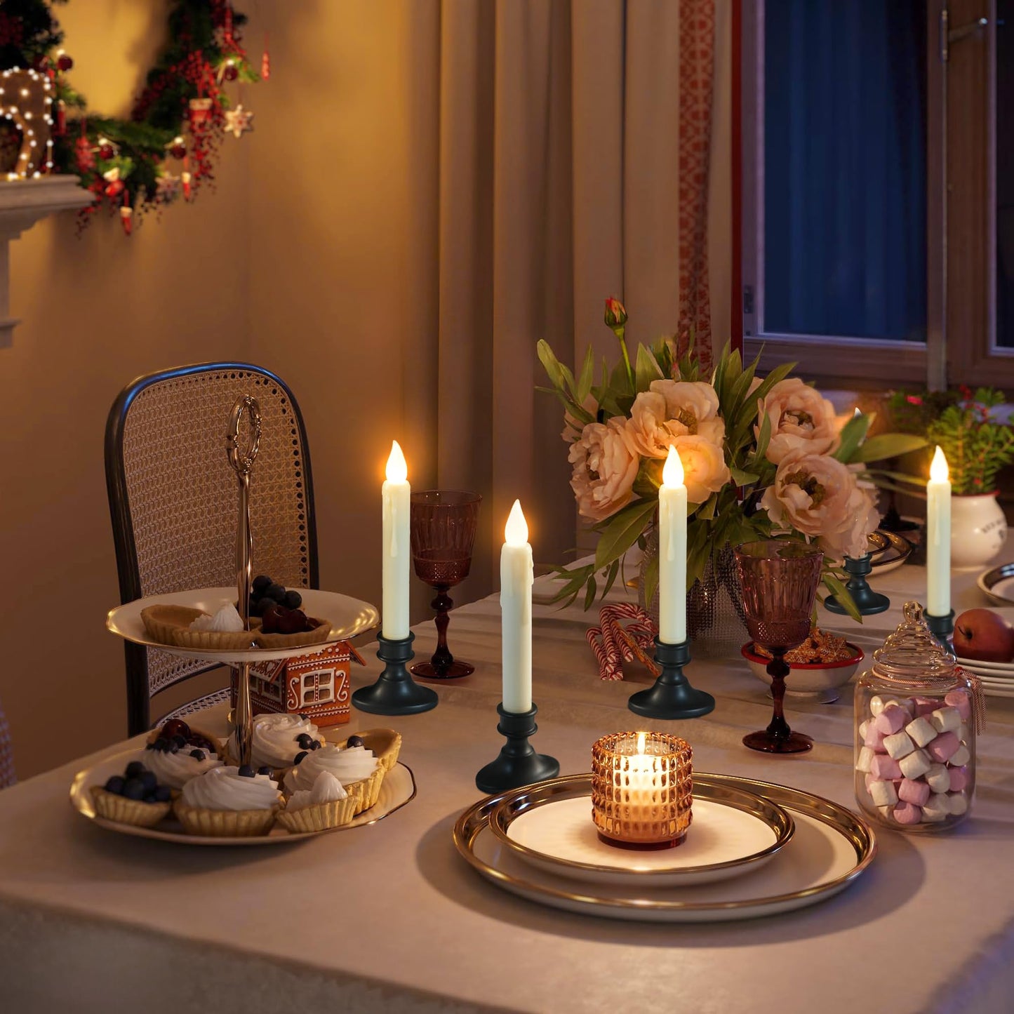 FREEPOWER Battery Operated LED Window Candles with Dusk to Dawn Sensor, Ivory Flameless Flickering Candlesticks with Suction Cups & Removable Black Base for Christmas Home Decor (6PCS)