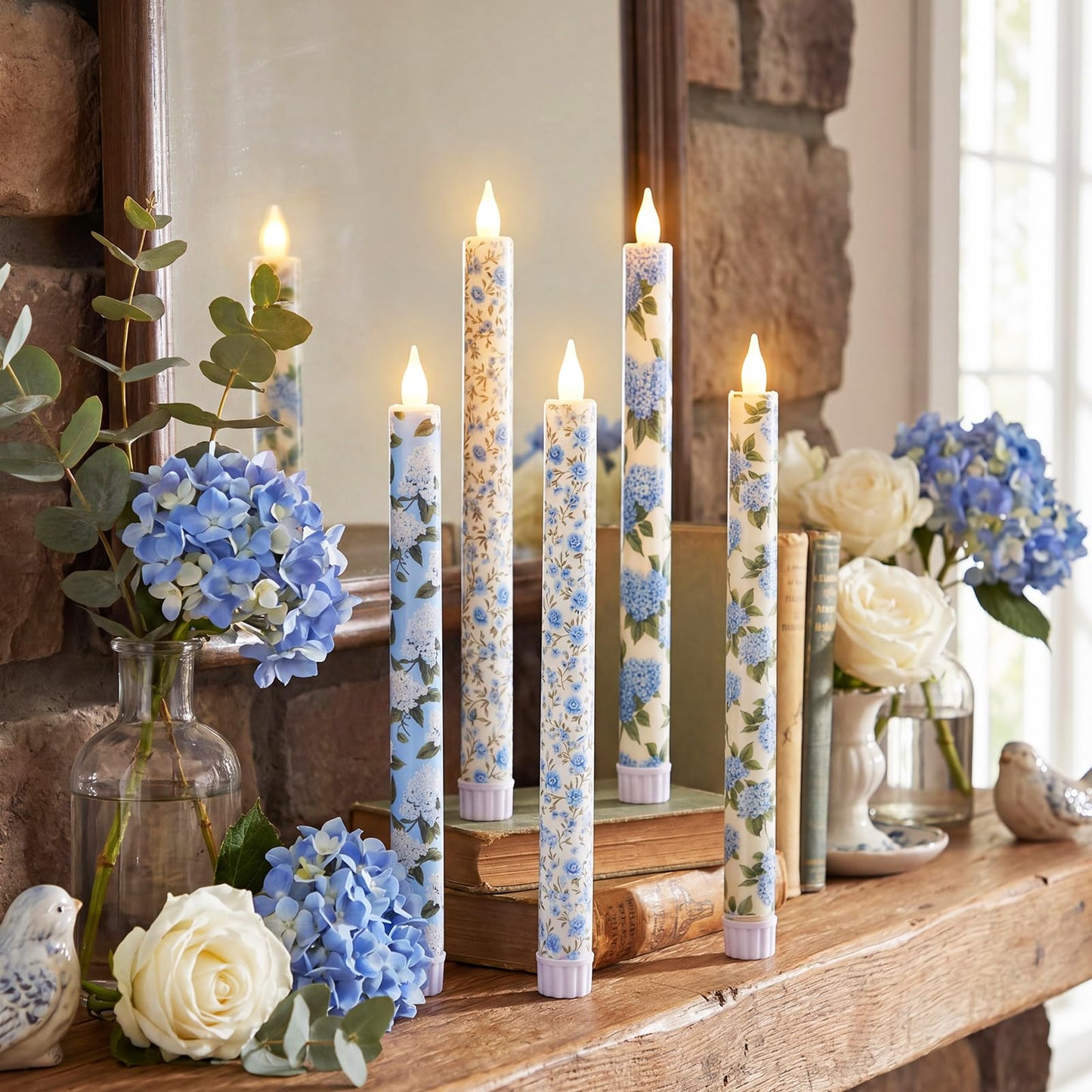 Lyrow 6 Pcs Blue Floral Flameless Taper Candles 11 Inch Hydrangea Flameless Candles Real Wax LED Candle Flickering Battery Operated Candlesticks for Wedding Anniversary Summer Gifts