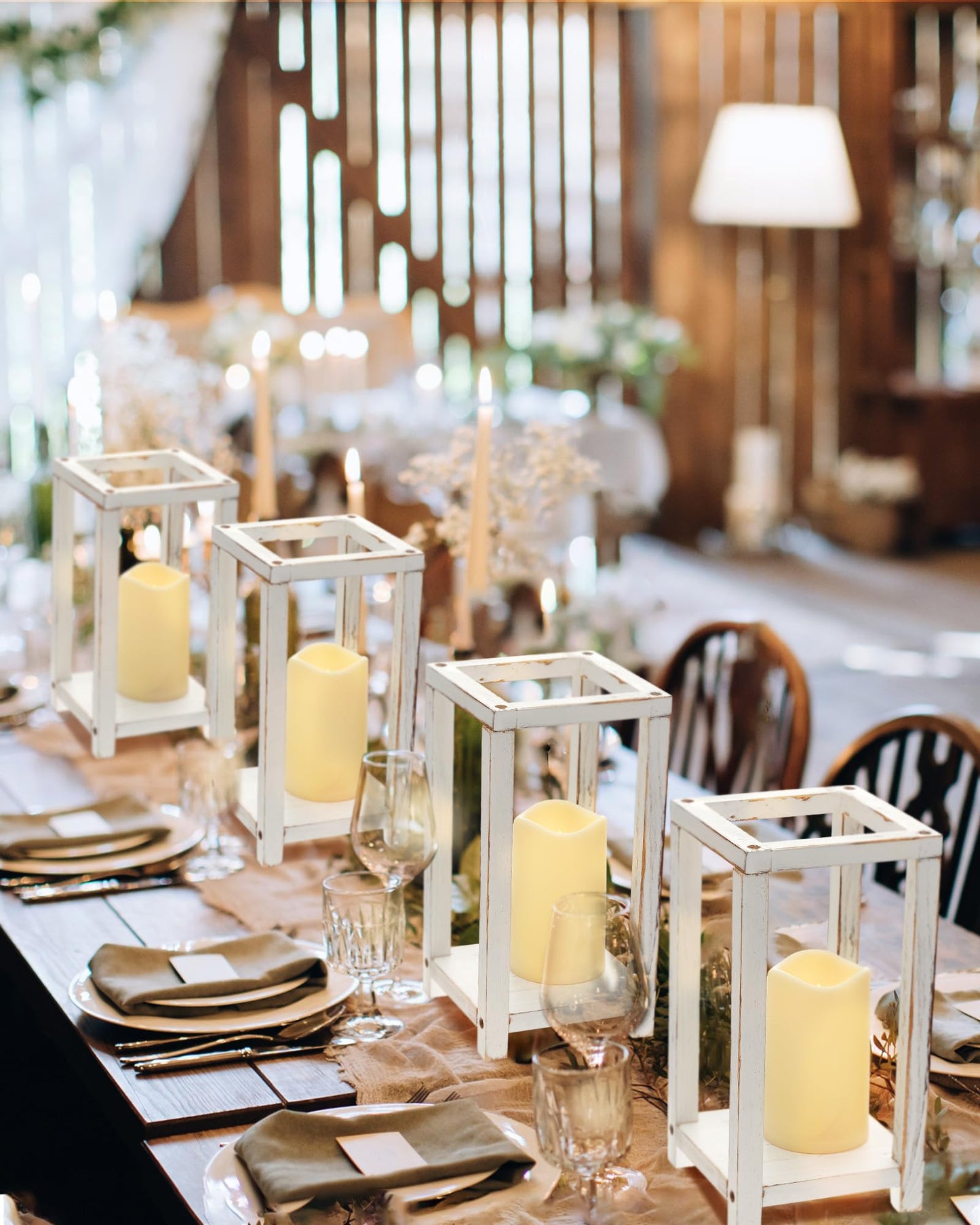 Huquary 8 Pcs Wooden Wedding Lantern Centerpiece for Table Decoration Includes 4 Farmhouse Candle Holder and 4 Flameless Decorative LED Candles for Rustic Home Wedding Decor(White)
