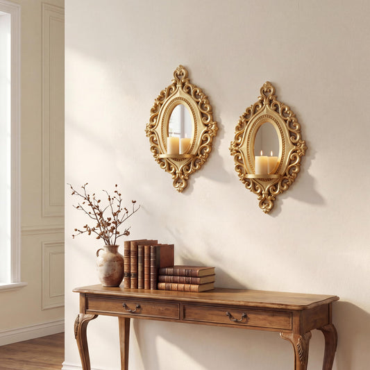 sxnzequnze 2 Set Vintage Candle Wall Sconce for Home Decor Living Room Bedroom Office Wood Antique Mirrored Victorian Mounted Candlestick Wall Holder Relief Hanging Decor -Gold 11.8in