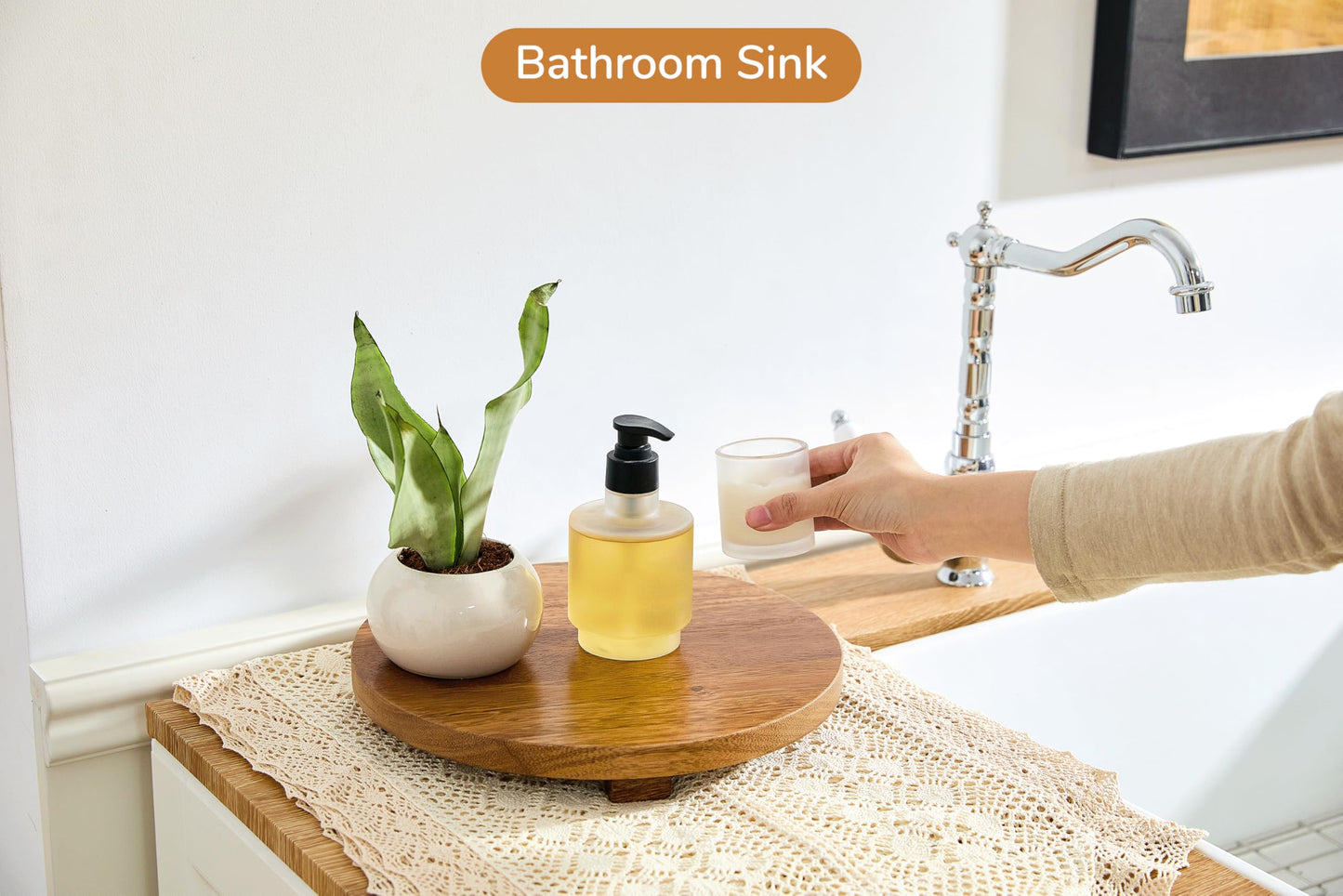 Zurklulu Round 11.8" Acacia Wood Decorative Tray – Farmhouse Wood Riser Pedestal Stand for Kitchen and Bathroom Decor, Counter Display, Vanity Tray (Large, 11.8" Dia)