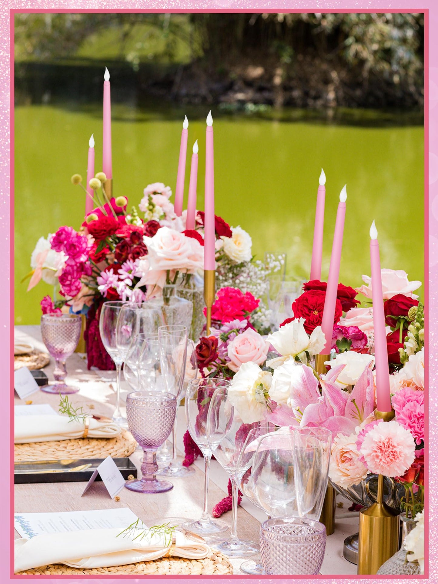Treela 24 Pcs Flameless Taper Candles Battery Operated Bulk Fake Candles Light LED Candle Sticks Flickering Tapered for Easter Wedding Anniversary Decoration(Basic,11 Inch,Pink)