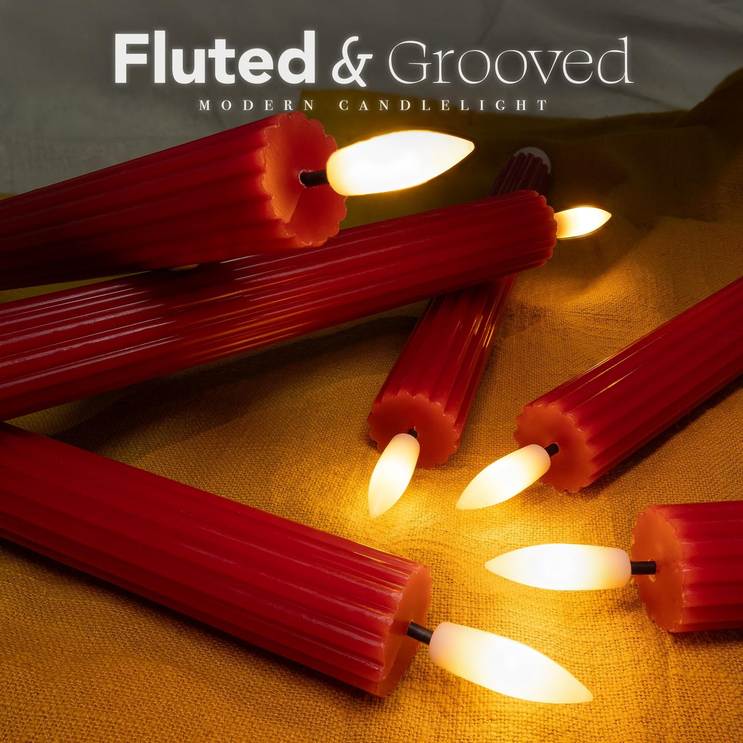 West Ivory 12 Pack, 10" LED Flameless Red Fluted Ribbed Grooved Taper Candles, Remote & 24h Timer Memory, On/Off Button, Dimmable, Flicker Mode, Battery Operated, Christmas Menorah Wedding