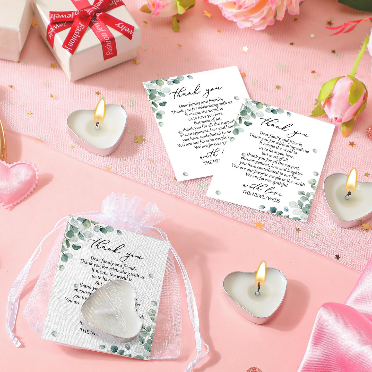 Threlaco 100 Sets Wedding Favors for Guests Bulk Mini Heart Shaped Candles Wedding Party Favors for Guests with Thank You Cards and Organza Bags Bridal Shower Party Souvenir Candle Gifts