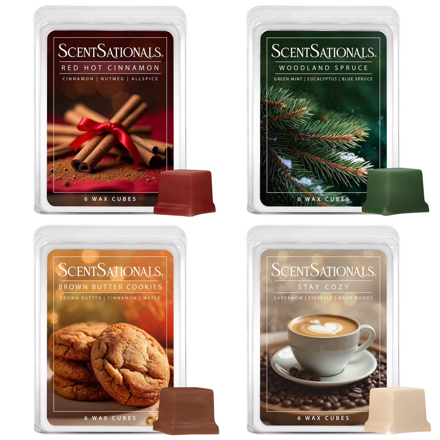 Scentsationals Christmas Wax Melts Holiday Favorites 4pk – Long Lasting, Strong Scent Melts for Warmers, Includes Red Hot Cinnamon, Woodland Spruce, Brown Butter Cookies, & Stay Cozy, 10oz (24 Cubes)