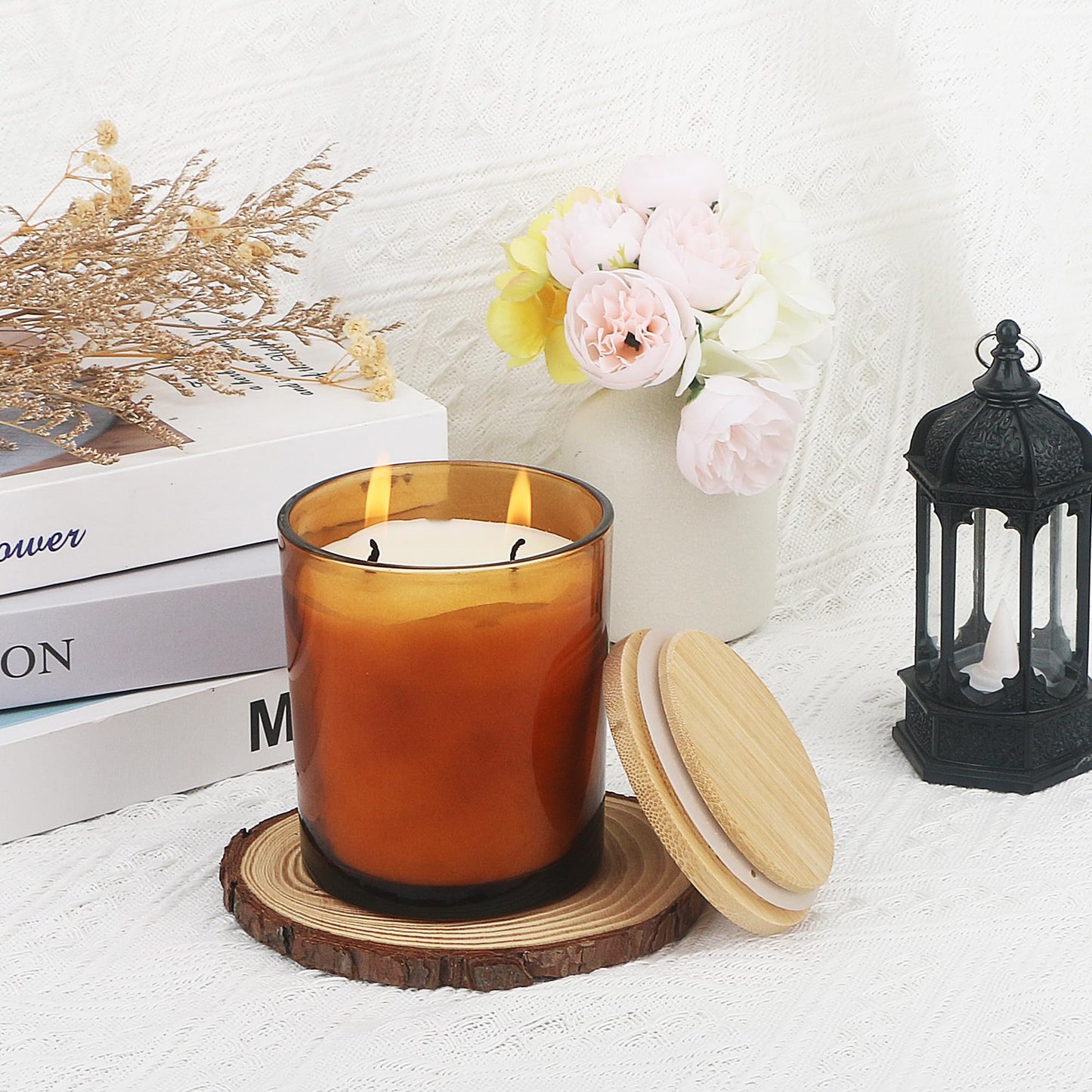 MILIVIXAY 12Pack 12 OZ Amber Thick Glass Candle Jars with Lids - Bulk Empty Candle Jar for Making Candles - Spice, Powder Containers.