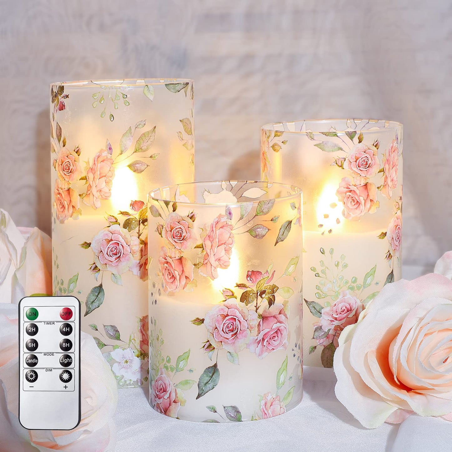 MELTONE Rose Flameless Candles Love Theme Glass Pink LED Candles with Remote - Home Wedding Bedroom Room Christmas Valentine's Day Decor - Set of 3