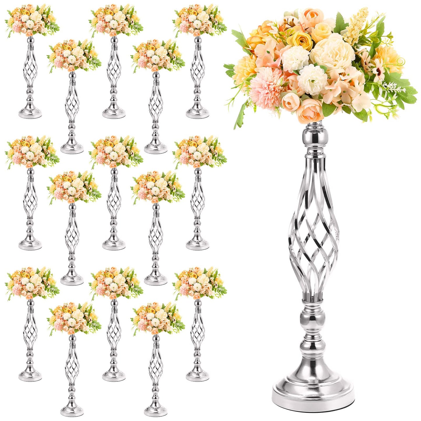 Rtteri 20 Pcs Metal Flower Arrangement Stand Wedding Flower Centerpieces Stand Elegant Metal Vase Candelabra Candle Holder for Wedding Reception Table Decor Party Hotel Home Decor (Silver,Medium)