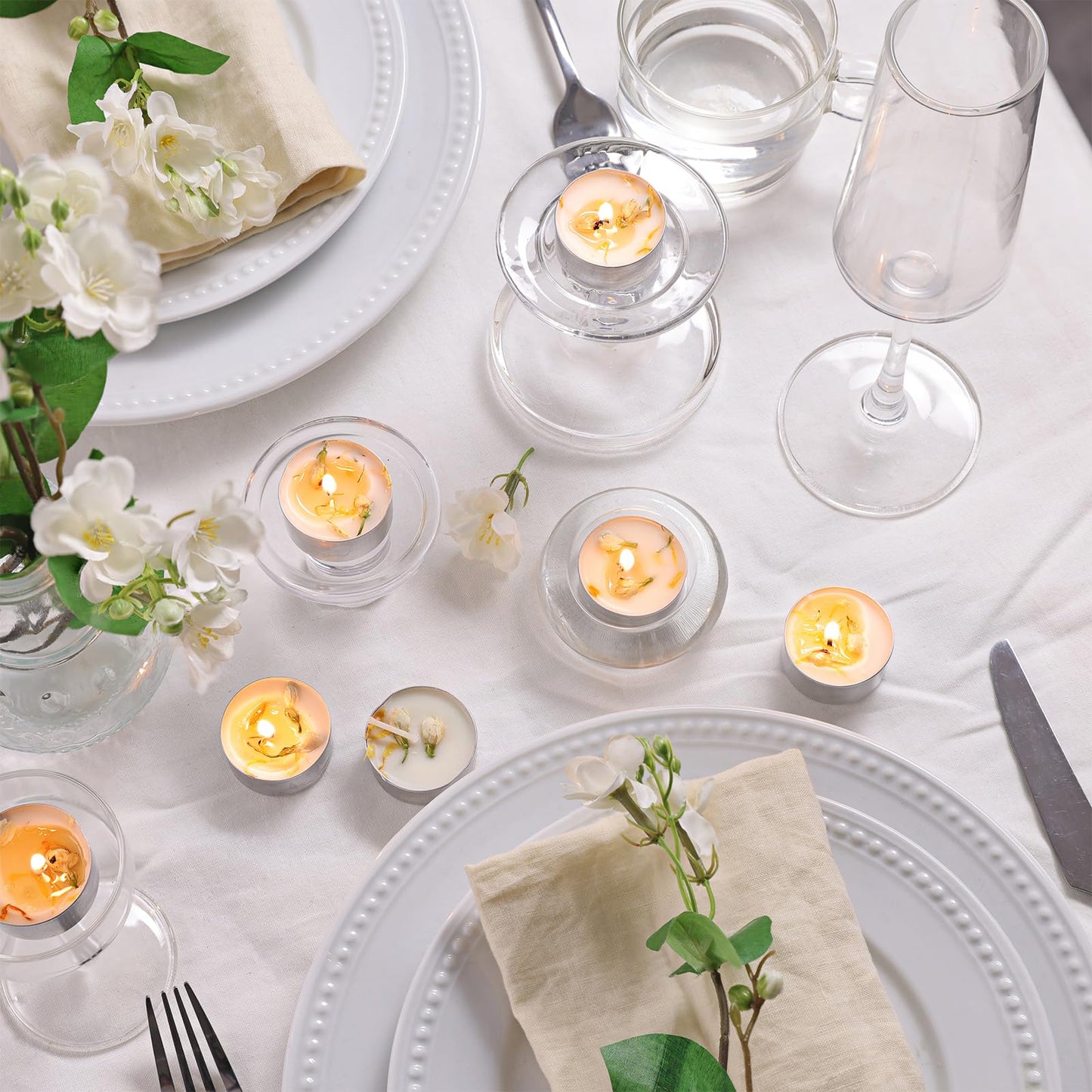 16 Pcs Jasmine Scented Tealight Candles, 6H Long Burning - 100% Palm Wax Based Scented Tea Lights with Dried Flowers, Non-Toxic/Smokeless Scented Tea Lights Candles for Spa, Bath, Wedding