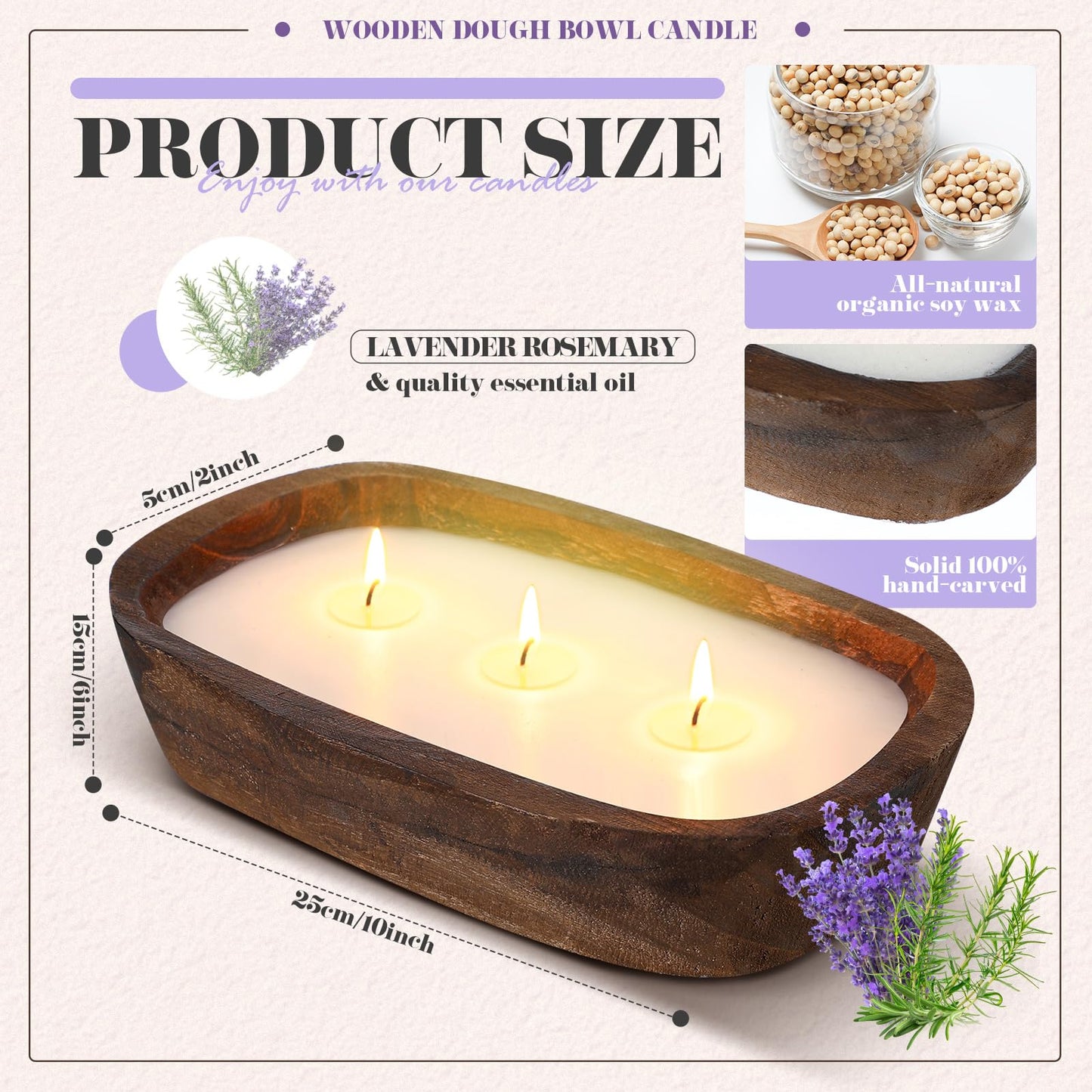 Threlaco 2 Pack Wood Dough Bowl Candle Jar Candle Decorative with Wick Scented Candles Soy Gifts for Men Women Farmhouse Table Centerpiece Home(Lavender)
