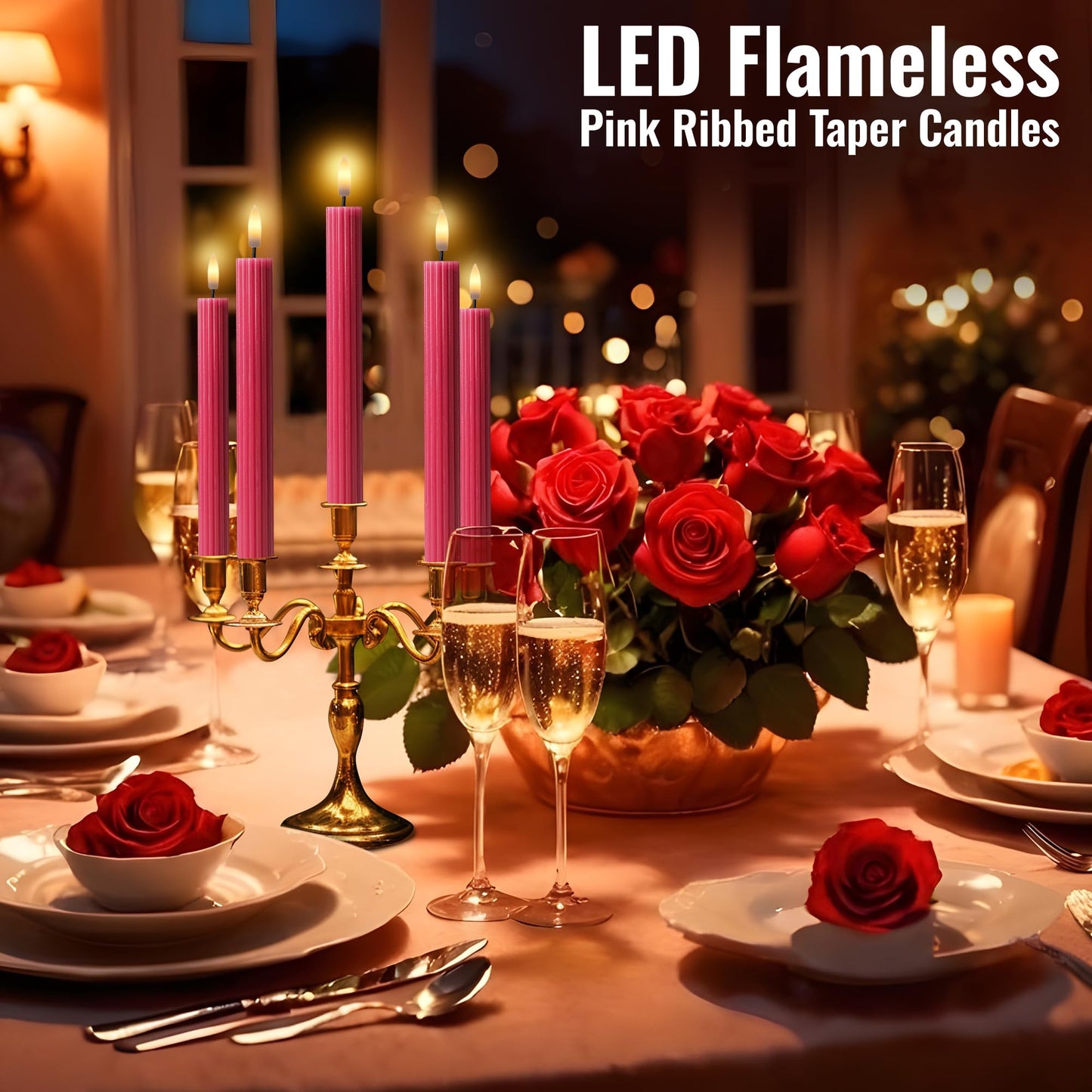 West Ivory 12 Pack, 10" LED Flameless Pink Fluted Ribbed Grooved Taper Candles with 2 Remotes & 24h Timer Memory, On/Off Button, Dimmable, Flicker Mode, Battery Operated, Christmas Menorah Wedding