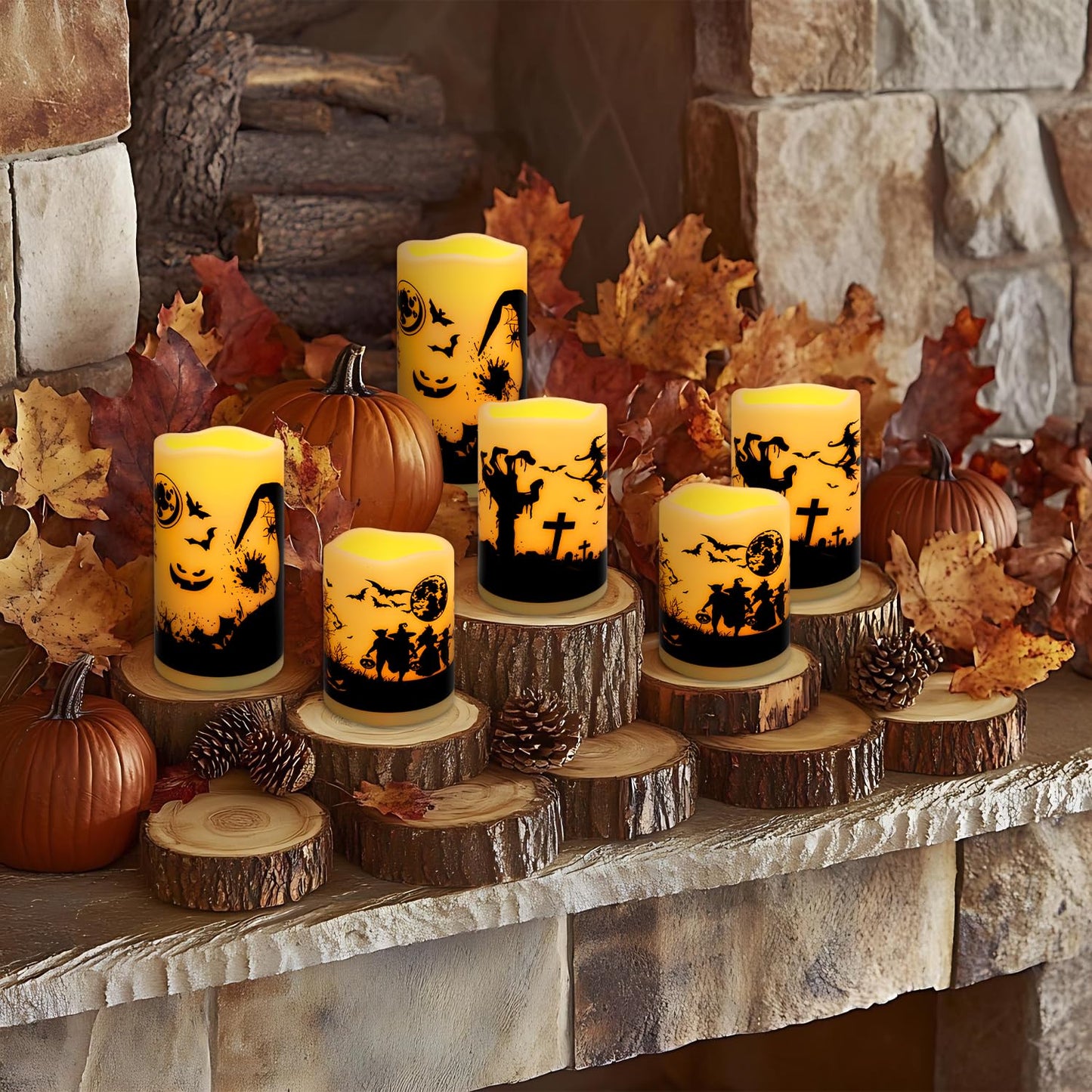 fclayvts 12-Pack Halloween LED Flameless Pillar Candles - Battery Operated with Remote & Timer, Flickering Warm Light, Witch/Bats/Castle Decals - Spooky Halloween Decor, Ghost Party Supplies, Gifts