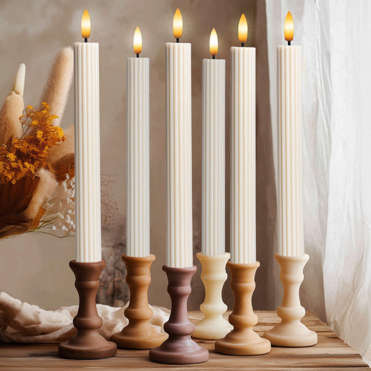 West Ivory 12 Pack, 10" LED Flameless Cream Beige Fluted Ribbed Grooved Taper Candles, Remote & 24h Timer Memory, On/Off Button, Dimmable, Flicker Mode, Battery Operated, Christmas Menorah Wedding