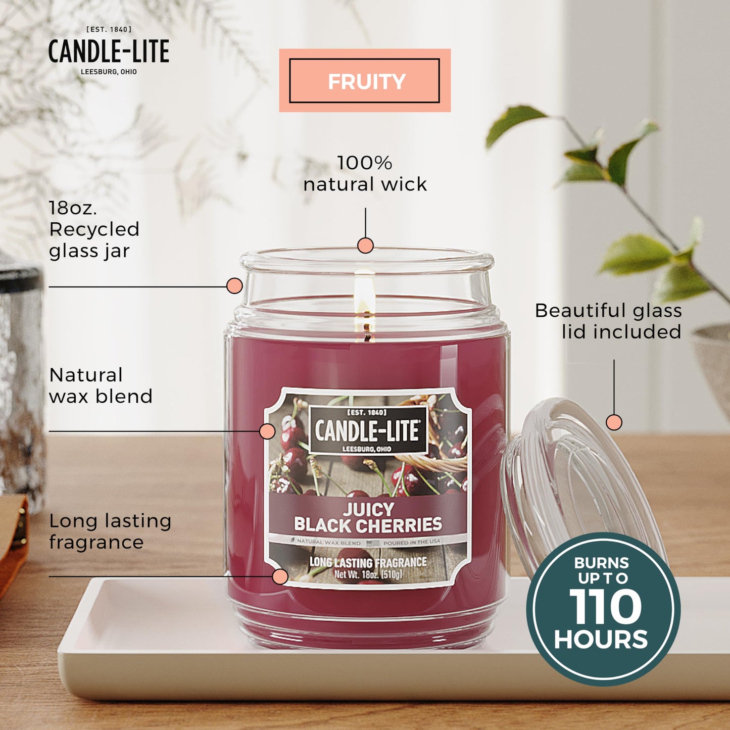 CANDLE-LITE Scented Juicy Black Cherries Fragrance, One 18 oz. Single-Wick Aromatherapy Candle with 110 Hours of Burn Time, Dark Red Color, Jar