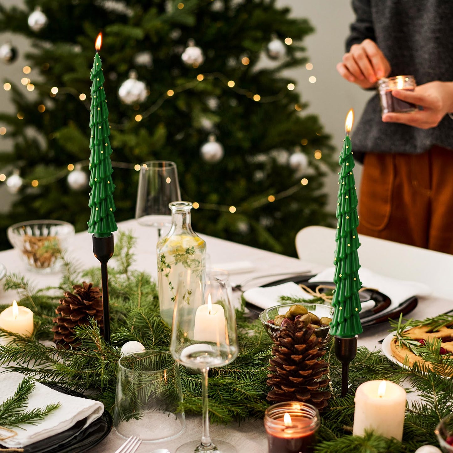 MTLEE Christmas Tree Shaped Taper Candles 10 Inch Unscented Christmas Tree Candles Decorative Aesthetic Xmas Relaxation Gifts for Centerpiece Decorations (Stylish,Green,6 Pcs)