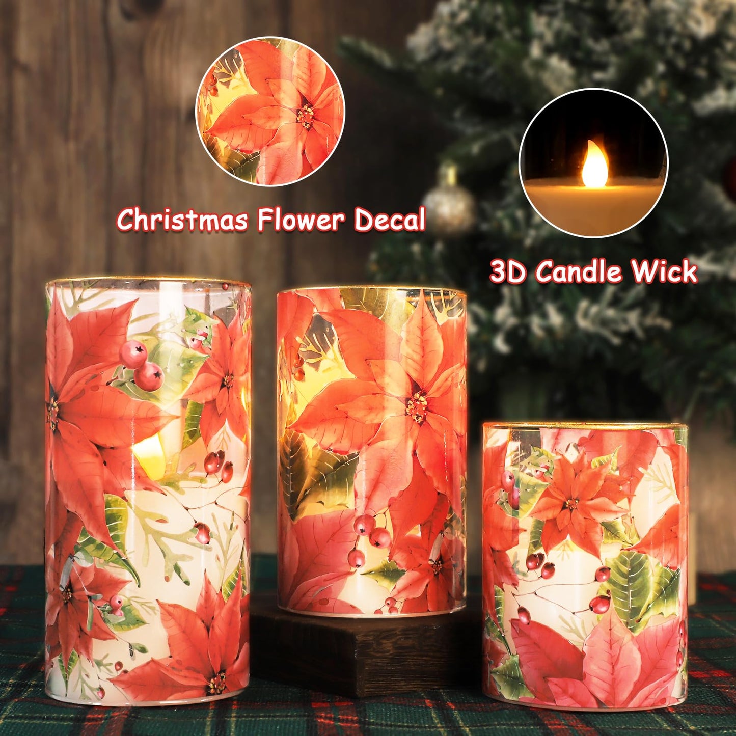 Crystal Club Red Poinsettia Christmas Flameless Candles with Remote, Battery Operated LED Pillar Candles, Real Wax & Glass 3D Flickering Flame Holiday Decor for Christmas, Mantel, Gift (Set of 3)