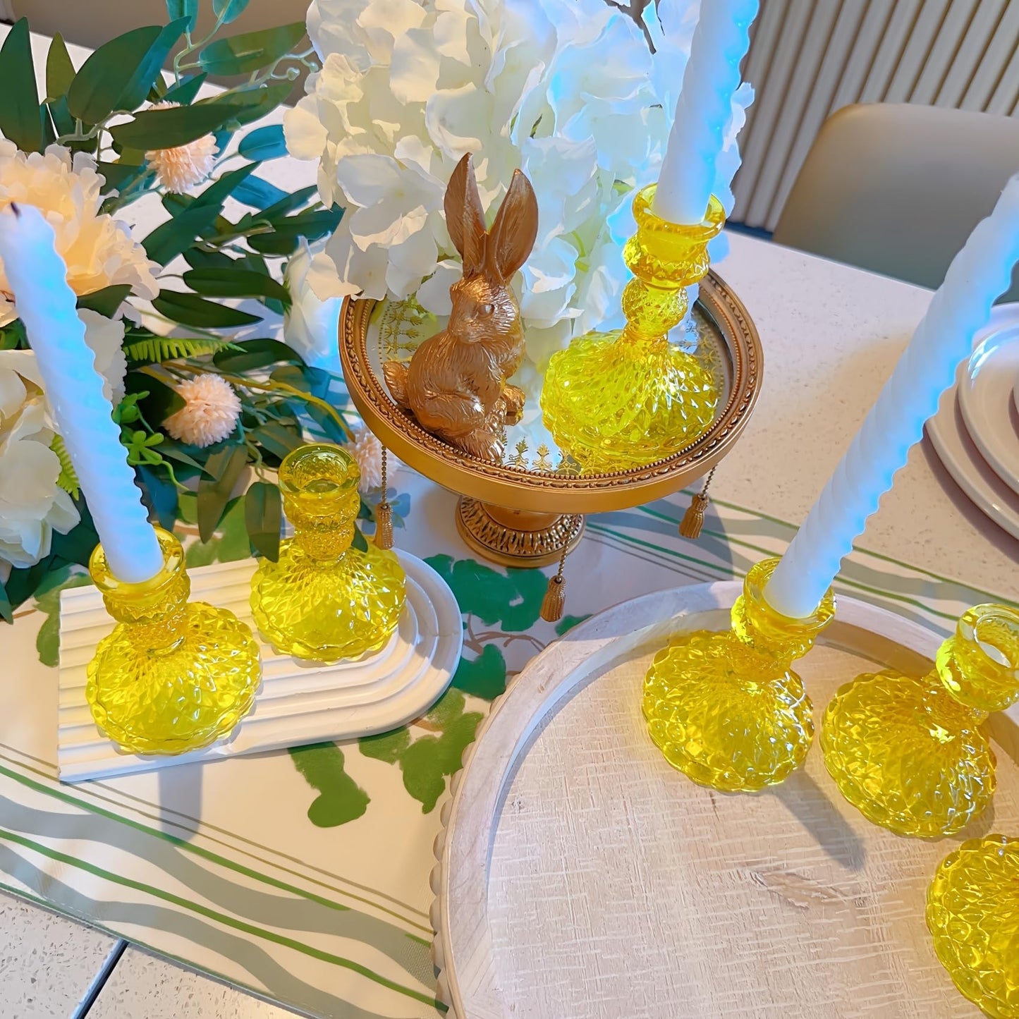 ECHFSM Glass Candlestick Holder,Striped Taper Candle Holders,Set of 6 Candle Stand for Table Centerpieces, Home Decor,Weddings,Festival and Parties (Yellow Dimond)