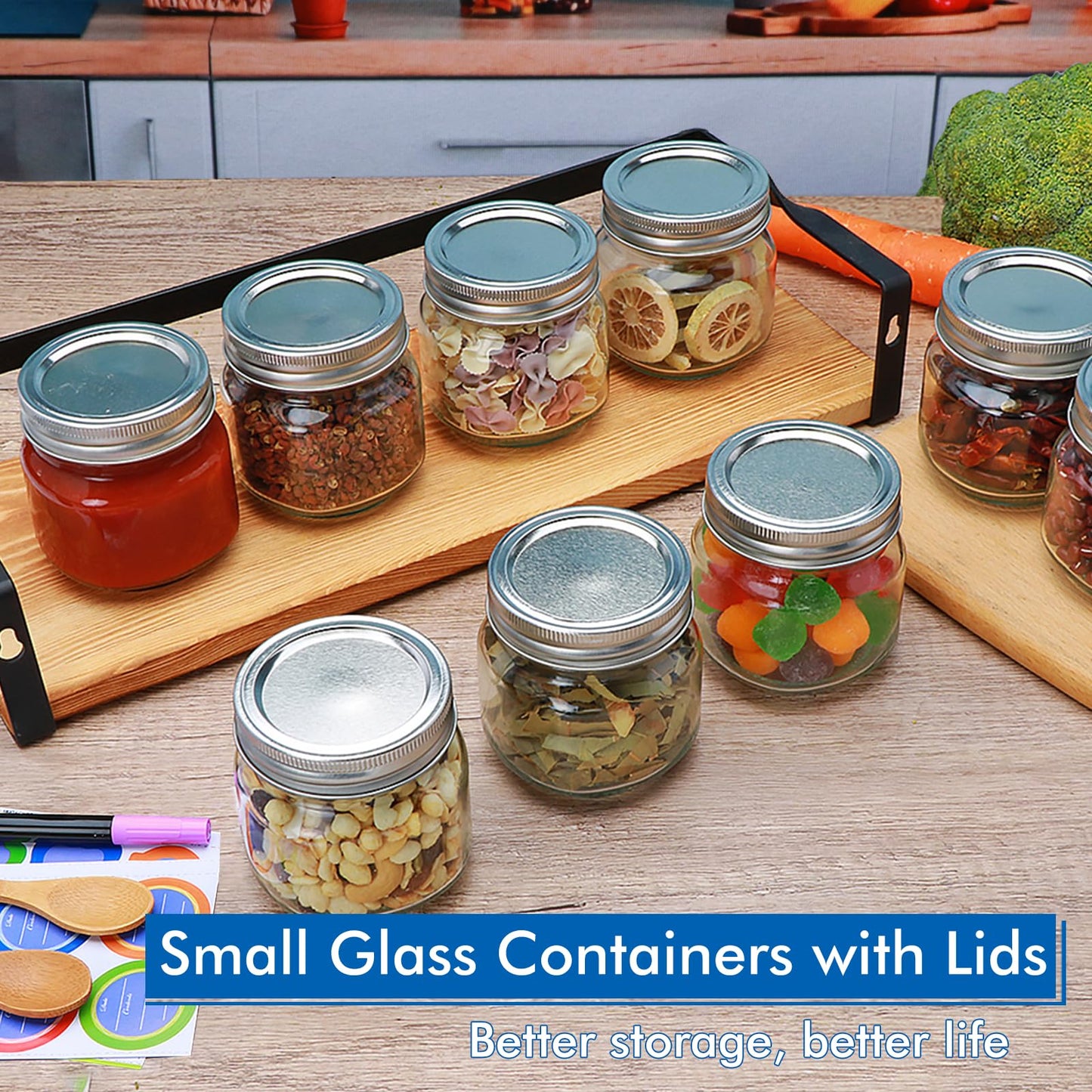 8 oz Mason Jars 30 Pack，Small Glass Containers with Lids，8oz Mason Jars with Lids,Canning Jars,The set includes 1 wooden spoons, 8 stickers, and a purple pen，Ideal for jams, spices, candy