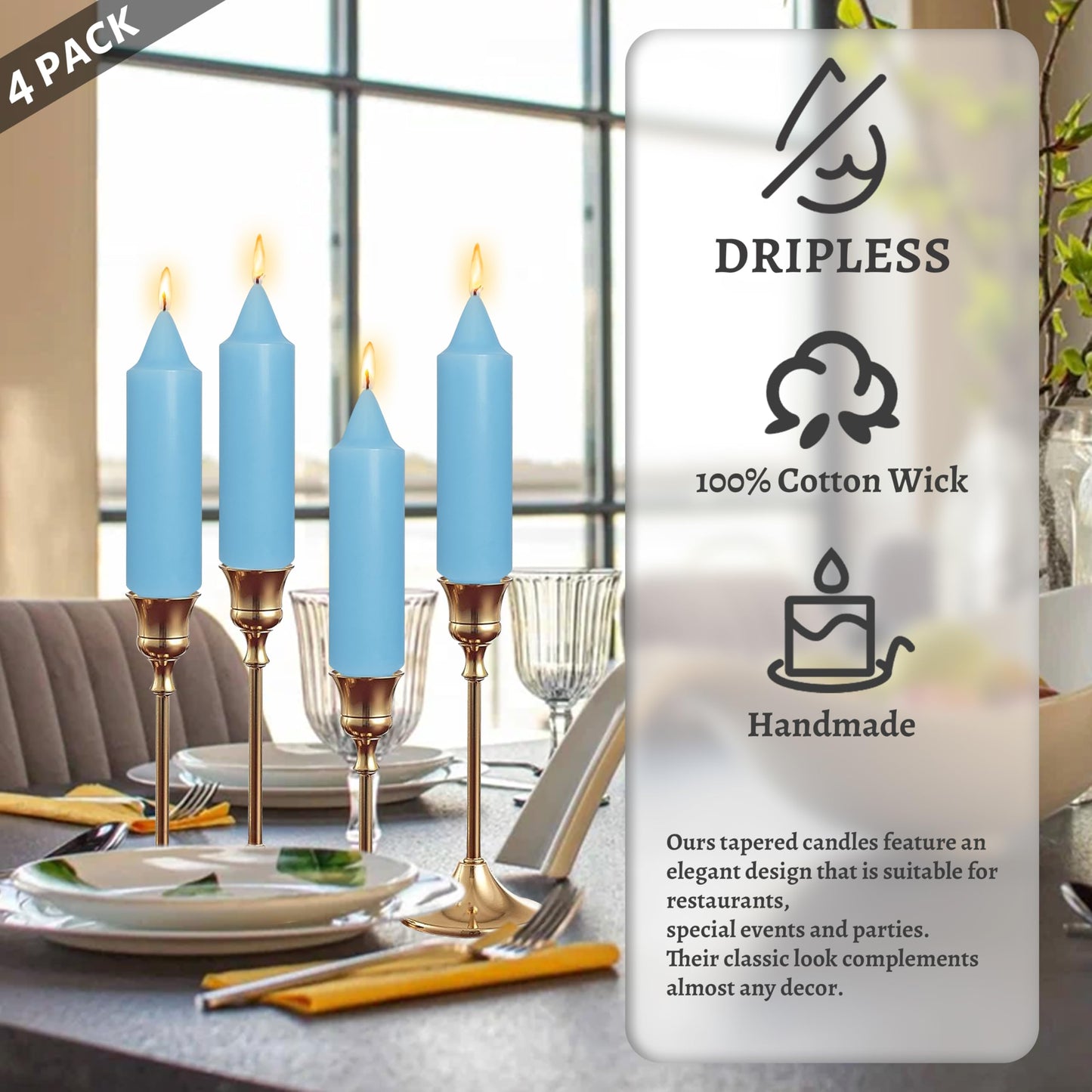 Handmade Unscented Twisted Blue Taper Candles Long Burning Smooth Flame Smokeless Elegant Candlesticks 5 Inch for Home Décor Weddings