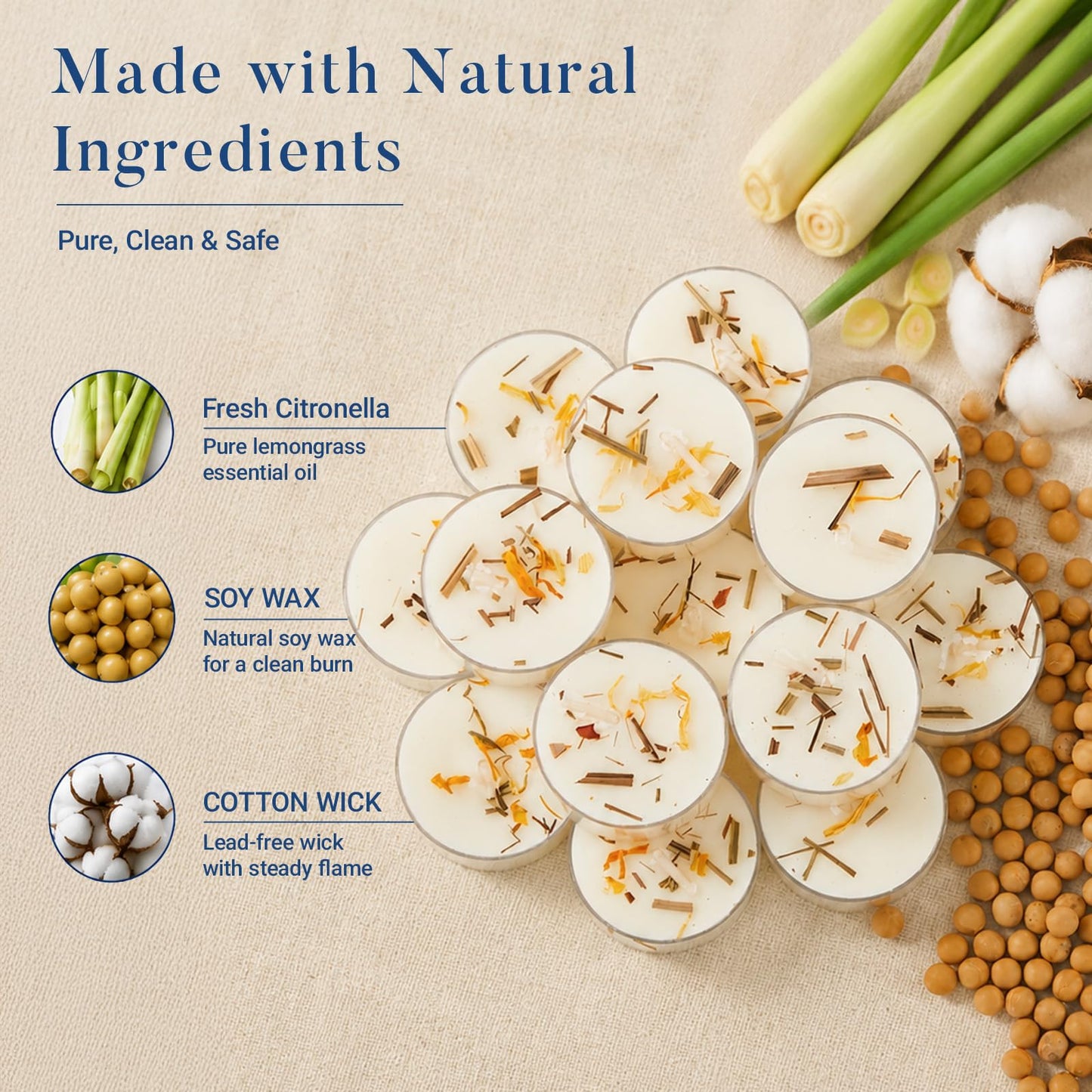 Crenovo Citronella Scented Tealight Candles with Dried Flowers, 4 Hours Non-Toxic Tea Lights, 100% Soy Wax Candles Bulk for Summer, Spa, Bath, and Home Decor, 48 Pack