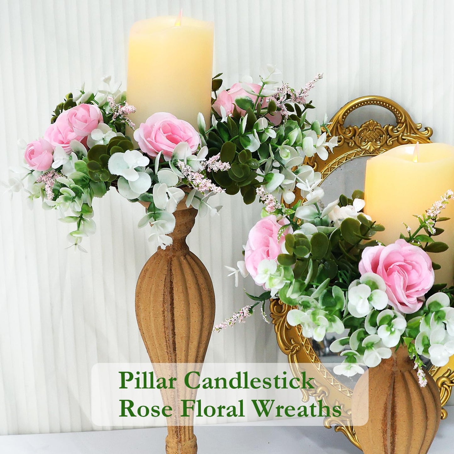 Acmee 4 Pcs Rose Candle Rings - Artificial Pink Floral Wreaths with Eucalyptus Leaves Greenery Garland for Pillar Candleholders Wedding Centerpiece Party Home Table Decor