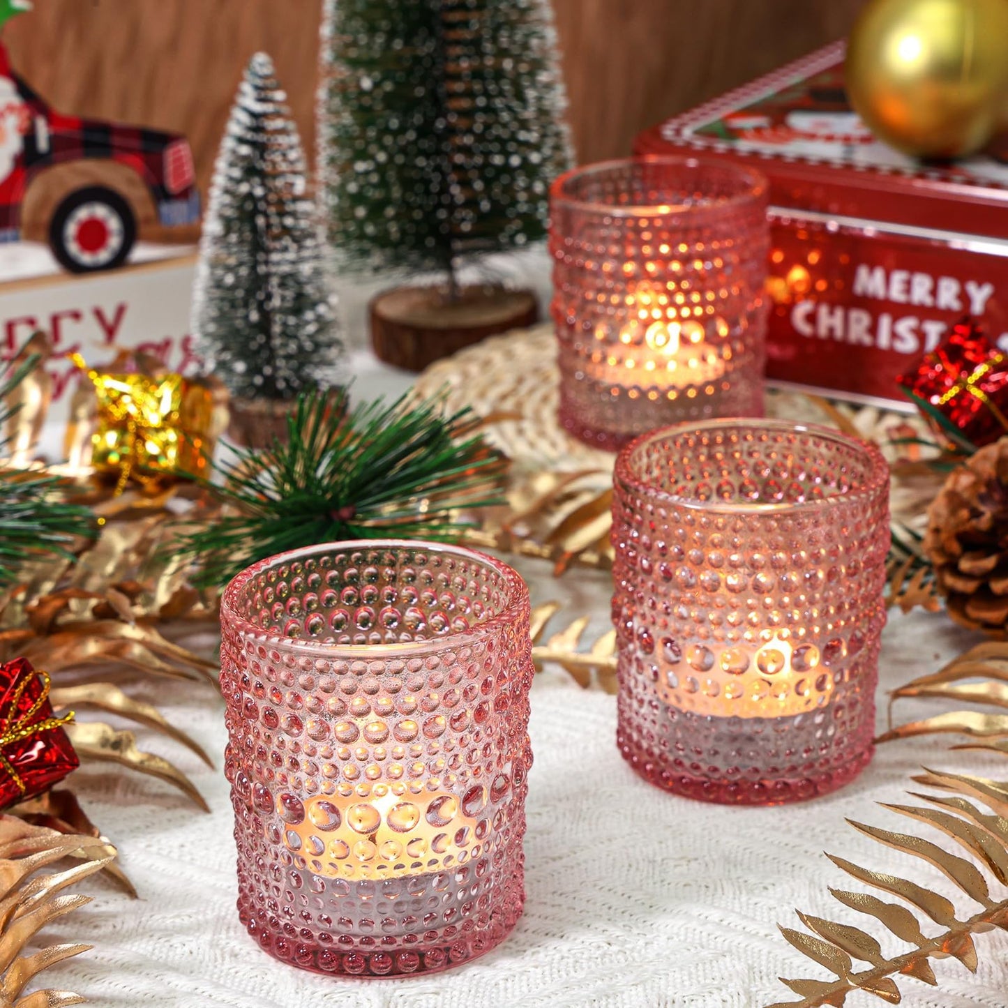SUPMIND 24 Pcs Votive Candle Holders, Glass Holders Bulk for Table Centerpiece, Tea Lights Candle Holders for Wedding Shower, Party and Home Decor Pink