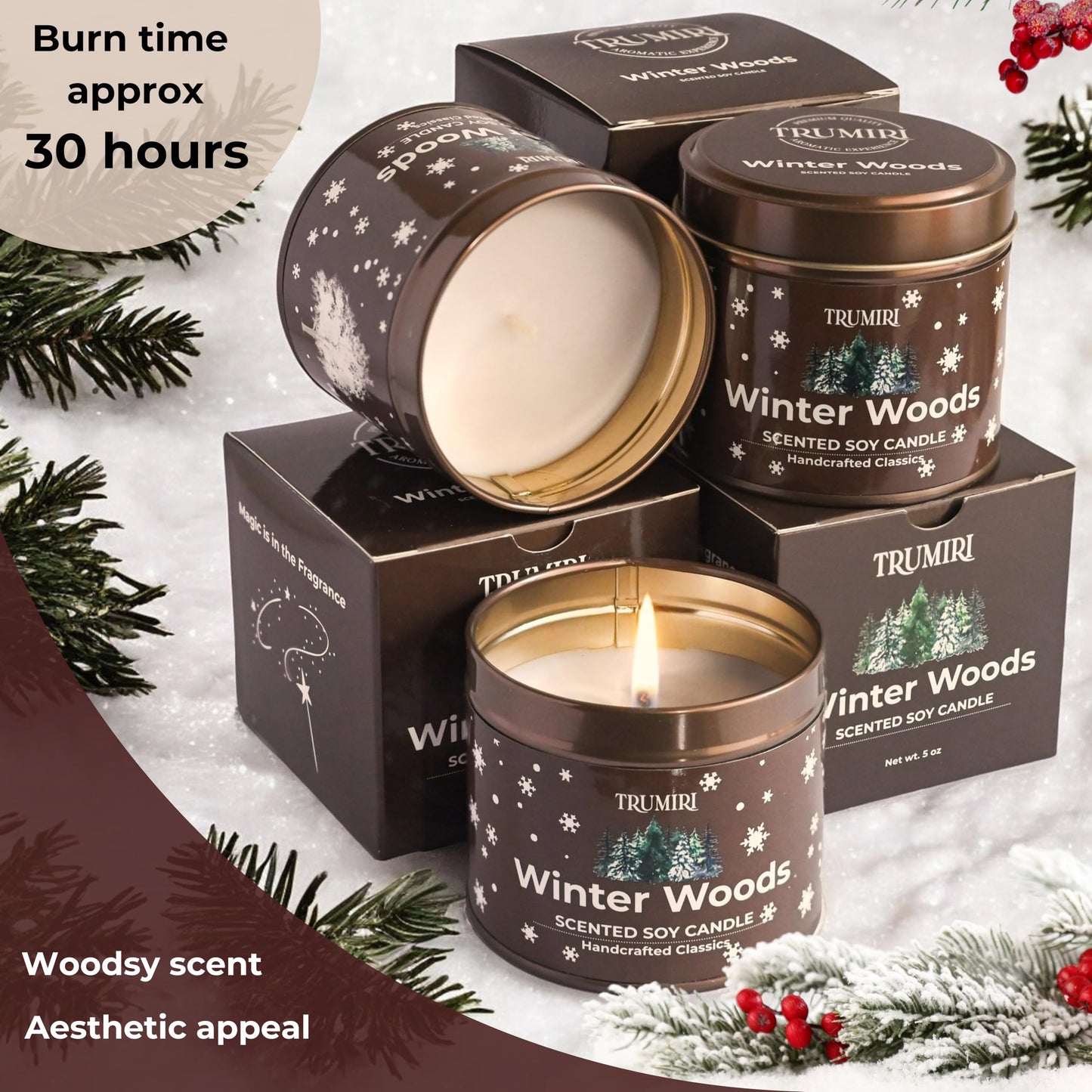 Winter Woods - Soy Candles for Home Scented - for Fall Christmas Holidays - Pack of 3 x 5oz Natural Clean Non Toxic - Long Lasting Highly Scented Pet Safe - Velas Aromáticas para el Hogar Pine Candel