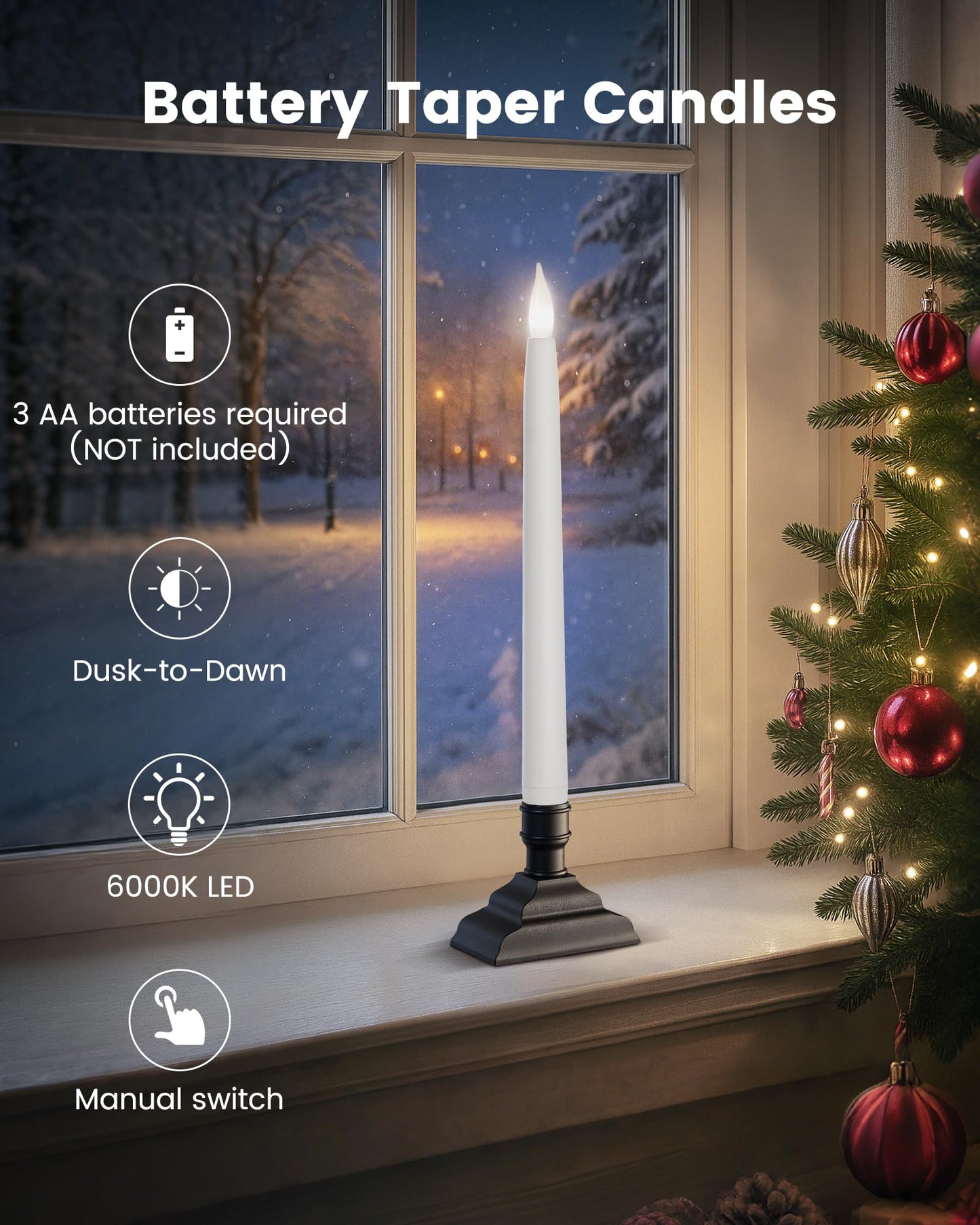 SURAIELEC 10.5'' Battery Window Candles with Dusk-to-Dawn, Christmas Taper Window Candle, 5000K Clear White LED Candle, 1.7‘’ Narrow Base, Matte Black, 4 Pack (Rechargeable Battery Not Compatible)
