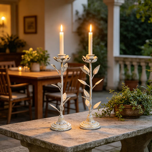 Vintage Metal Taper Flower Candle Holders Set of 2 Rustic Distressed Iron Decor Candlestick Handmade Tall Candle Stick Stands for Centerpiece Table Mantel Wedding Party Home Decoration Rose White