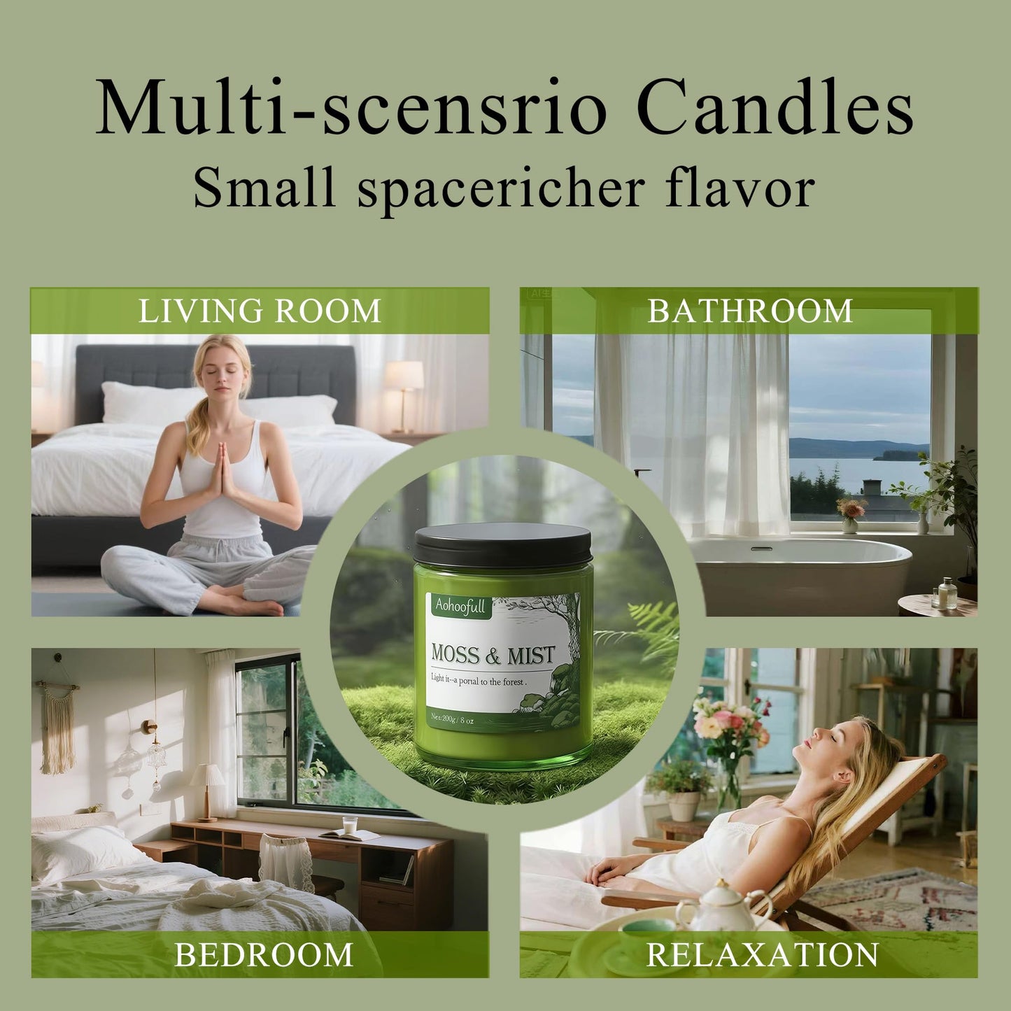 Aohoofull Soy Candles for Home Scented,Fall Candle 4oz 20 Hours Burn Moss & Mist Aromatherapy Candle Gift for Stress Relief, Meditation, Yoga, Relaxing SPA, Reusable Jar for Women Men