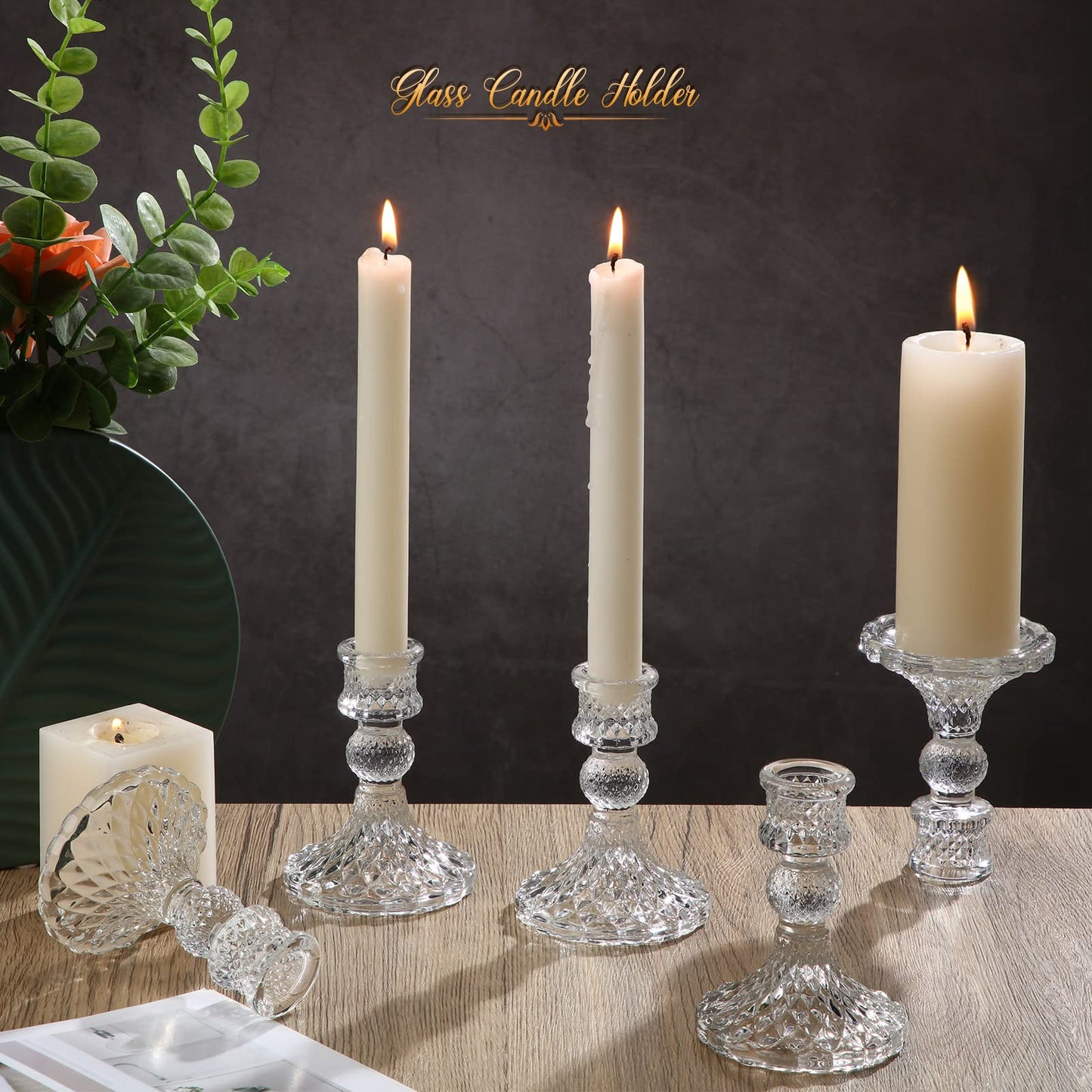 Sieral 24 Pcs Clear Taper Candle Holders 4'' Tall Glass Candlestick Holders Bulk Crystal Decorative Stand Wedding Stick Holder for Anniversary Party Dining Table Festival Decor