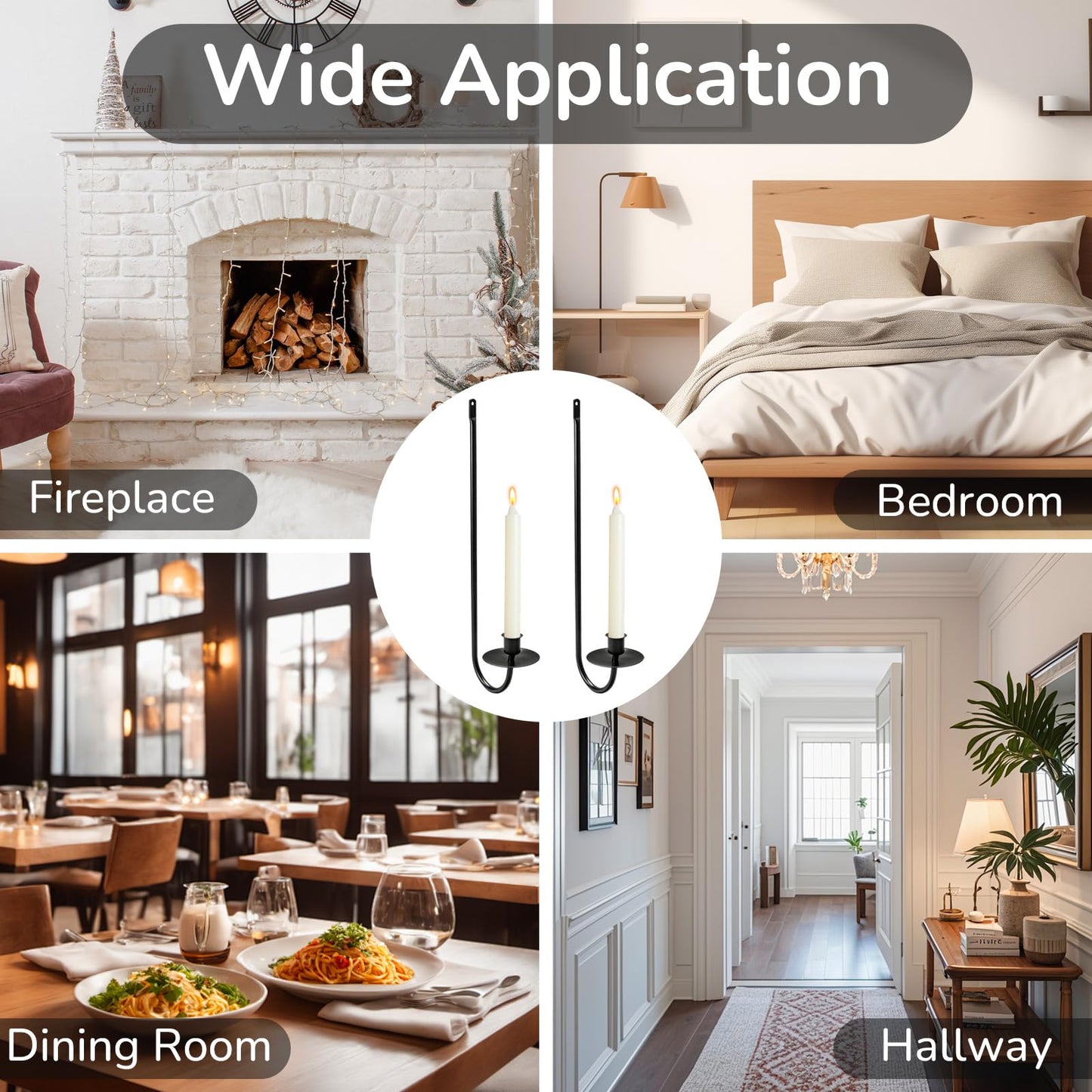MrMrKura Wall Candle Sconces Set of 2, Metal Wall-Mounted Candle Holder for Taper Candles, Modern Wall Decoration for Farmhouse Fireplace Living Room (Black)