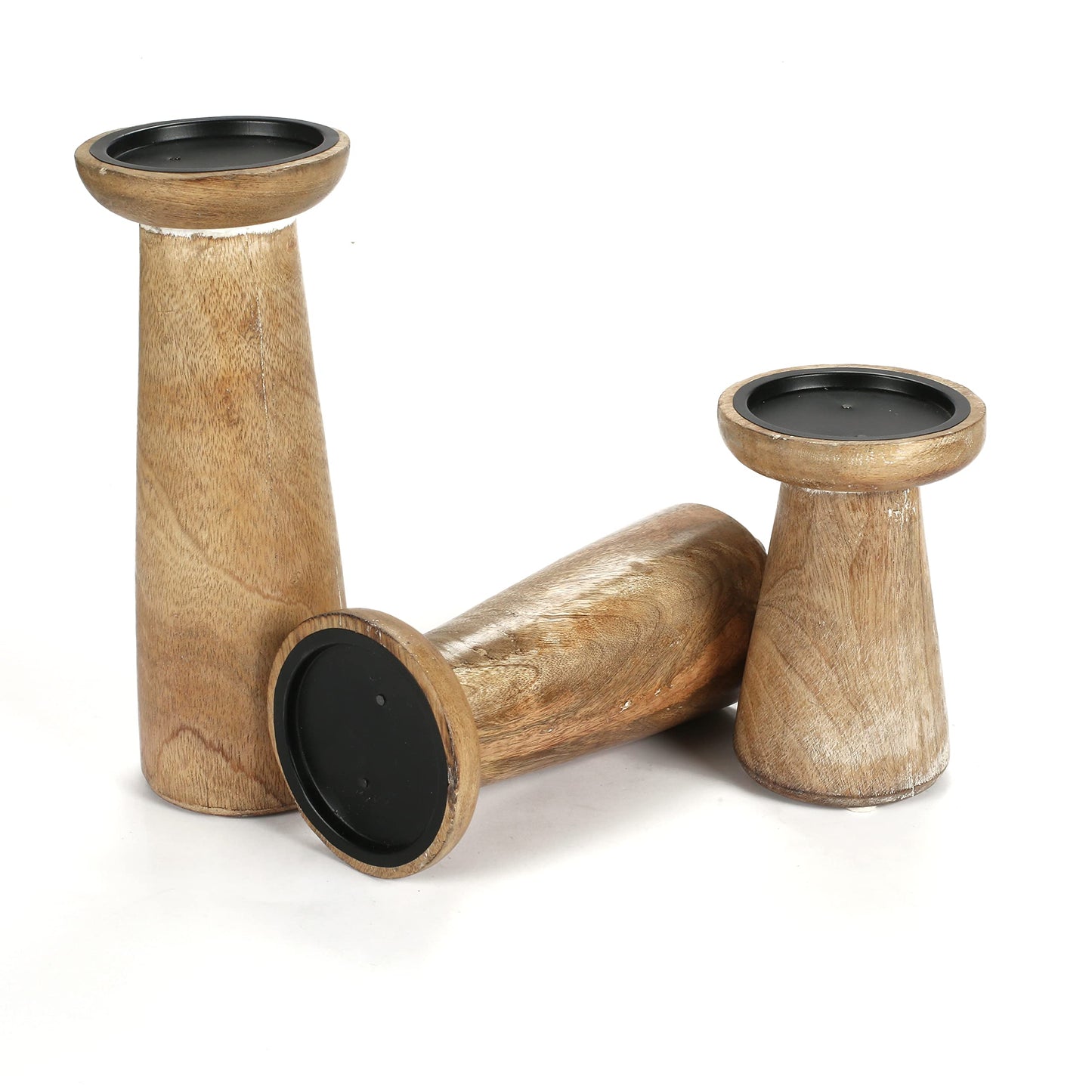 Hand Crafted Wooden Pillar Candle Holder Set of 3, Ideal for LED and Pillar Candle, Gift for Wedding, Christmas, Party, Home, Spa, Reiki, Aromatherapy, Votive Candle Garden - 10,8,6 Inch - White Wash