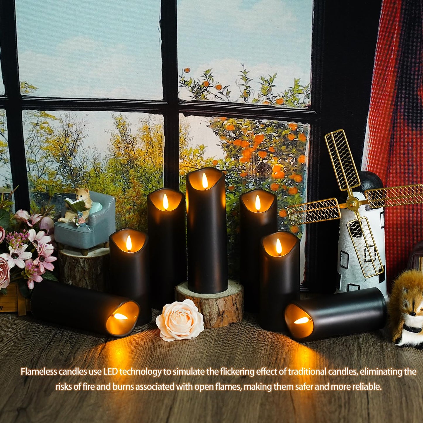 Nimiko Flameless Candles with Remote, Battery Operated Flickering Flameless Candles, LED Candles with Timer 2/4/6/8H, with Realistic LED Candles Set of 24 (D2.2 x H 5" 6" 7") (Black)