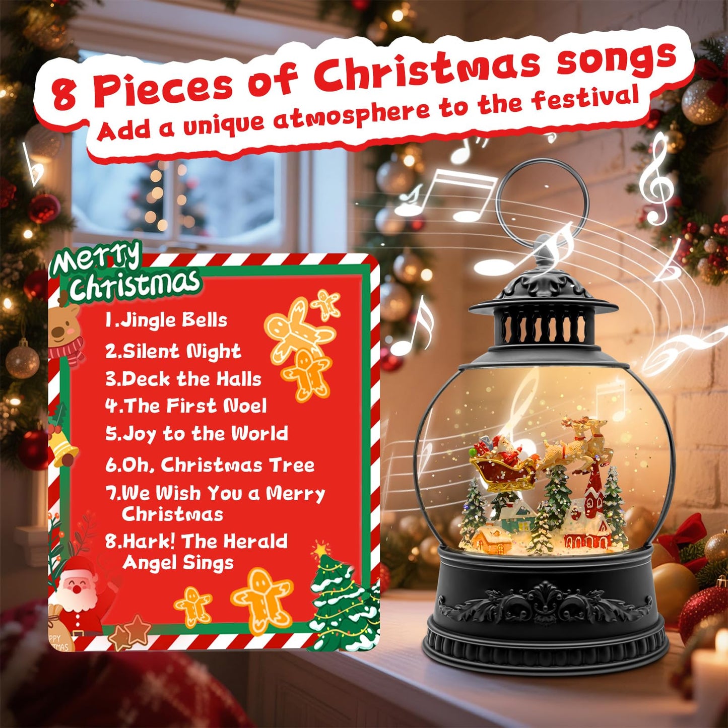 Christmas Snow Globes, Light Up Snow Globe with 6H Music Timer, Auto Snowfall, USB or Battery Powered, Christmas Globe with Santa Snow Globe Scene, Indoor Christmas Decorations for Home, 11.4 Inch