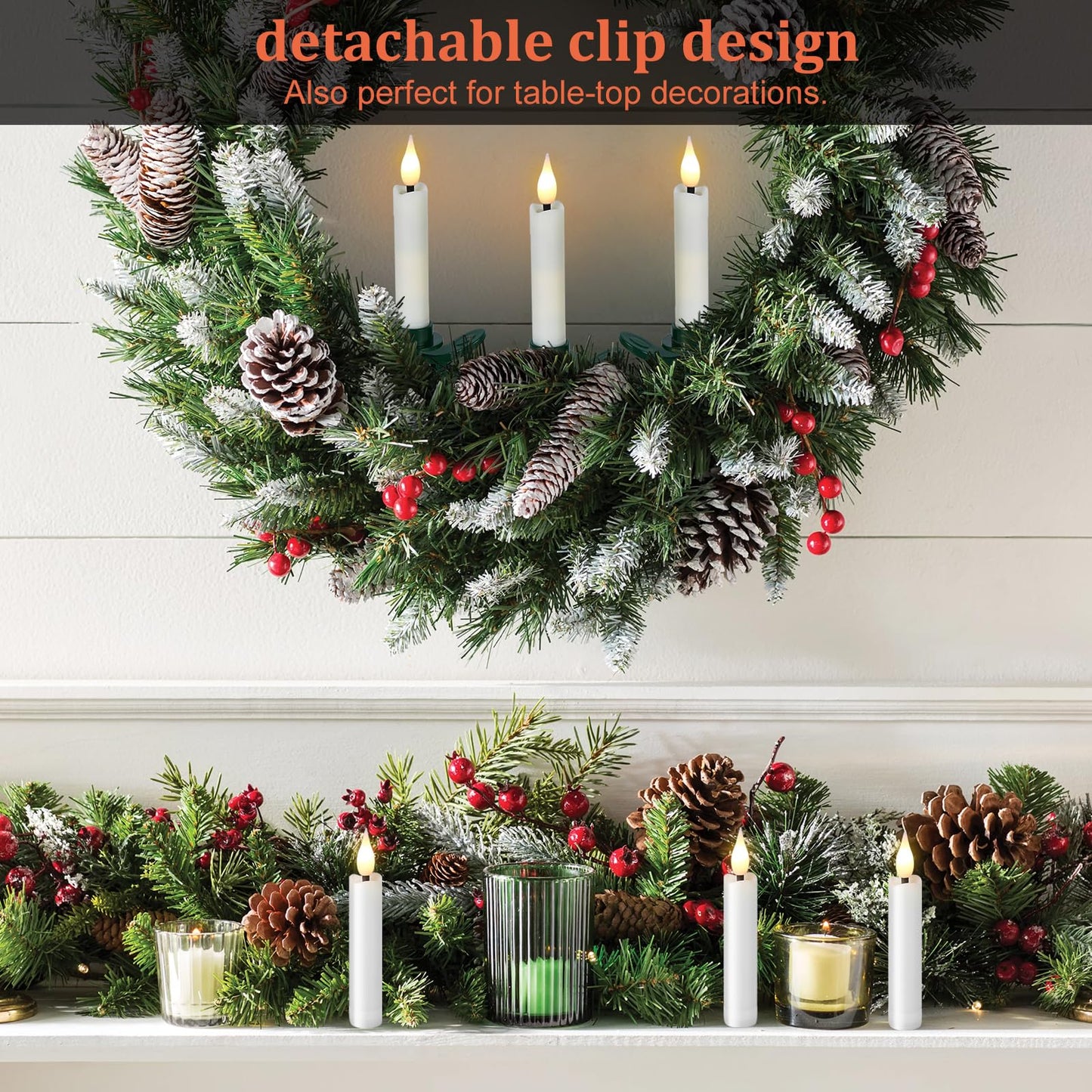 IMAGE 12Pcs LED Taper Candles Light Set Flameless 3D Wick Ivory Candles with Clip-on Christmas Tree Design, 10-Key Remote with Timer, Warm White Light, Battery Operated for Versatile Decoration