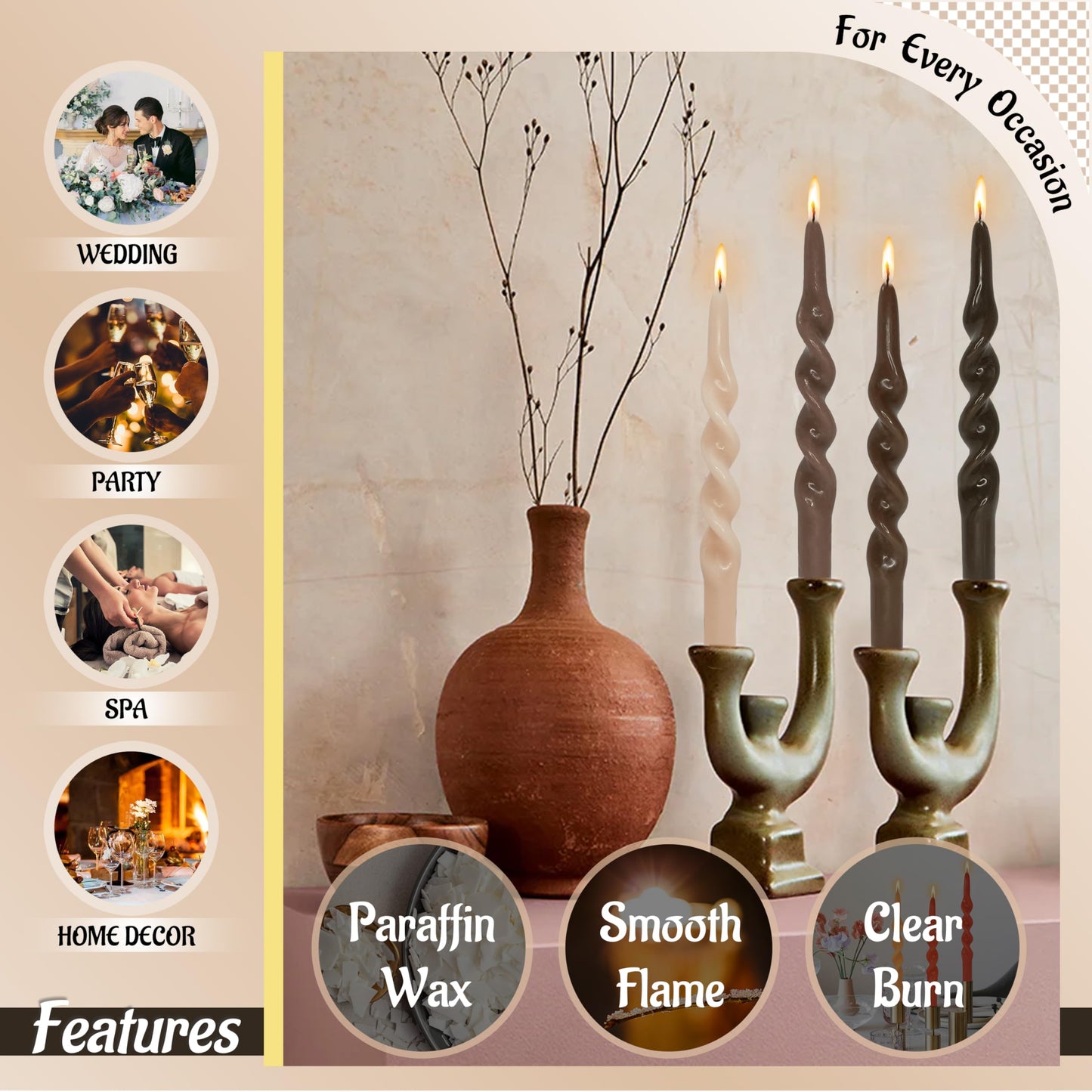 FLAMMUL Gradient Brown Spiral Candles 10 Inch Long Twisted Candlesticks - Handmade Burning Candlestick Dinner Candles for Table Home Decor Wedding 4 PCS