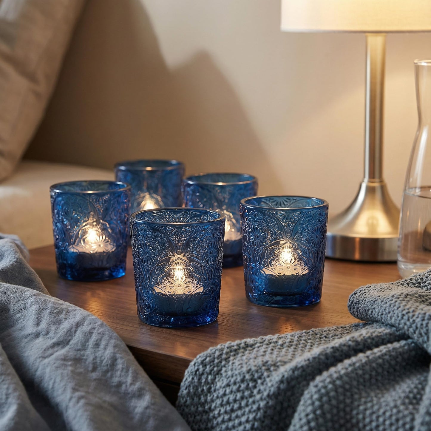 6 Pack Mandala Embossed Glass Candle Holders – Votive Tealight Holders with Patent Design, Decorative Embossed Glass Cups for Wedding Centerpieces, Parties, and Home Décor (Ocean Blue)