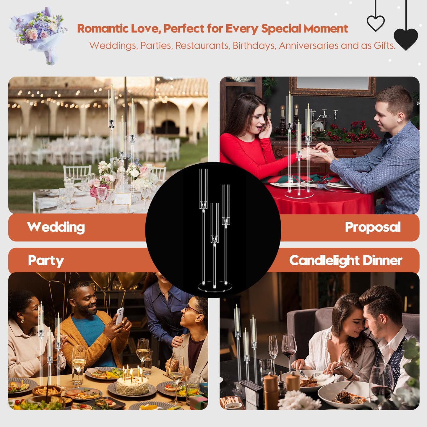 6 Set Acrylic Candelabra Centerpieces for Tables, Mjkeomo 30.7'' Clear Candle Holder 3 Arm Candlesticks Holder with Lampshade for Wedding Fireplace Dinner Party Decor Fit 0.87'' LED Candle
