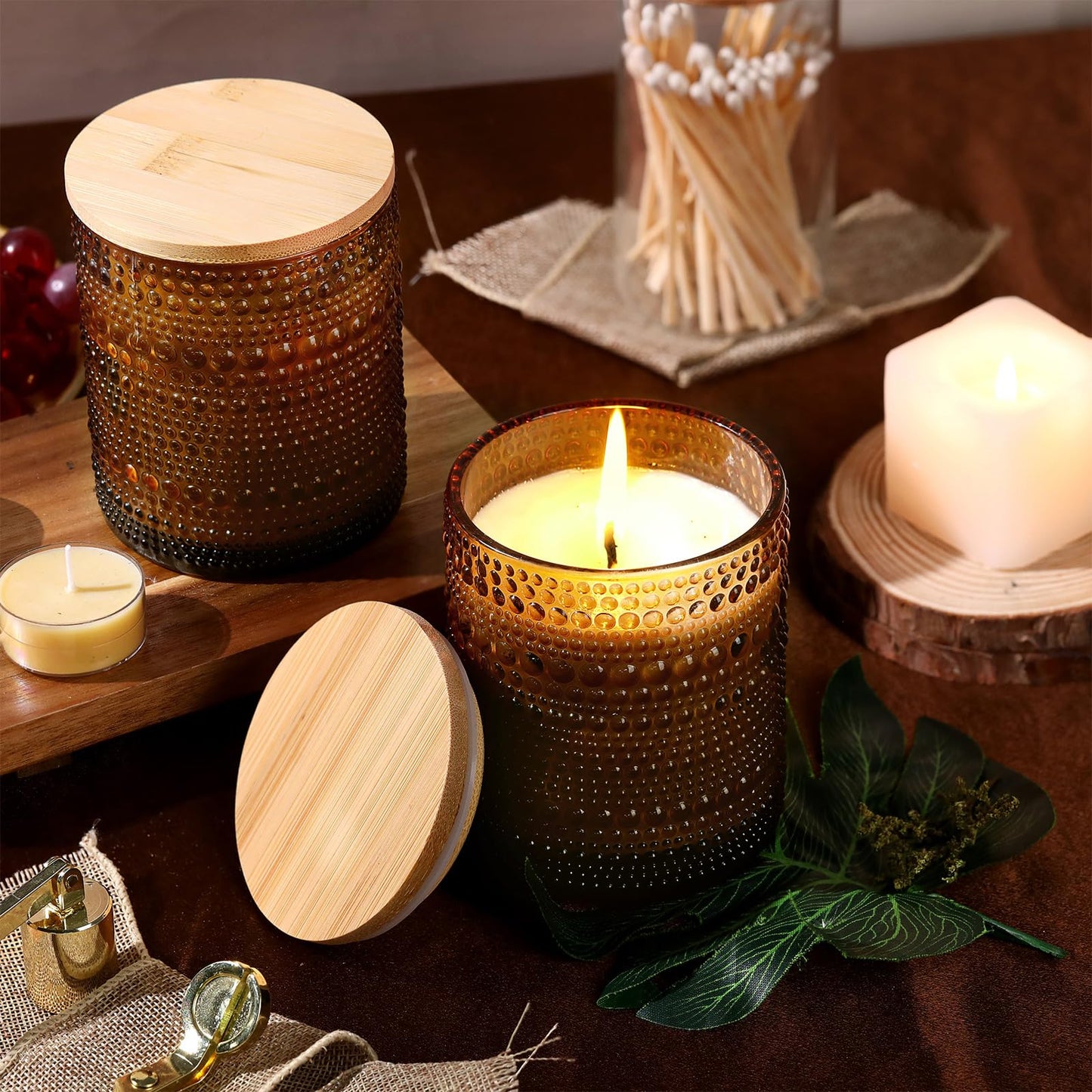 DEVI 14oz Amber Empry Glass Candle Jars for Making Candles (6 Pack), 3 Wick Candle Jars, Bulk Empty Candle Containers, Candle Tins Making Supplies for Gifts, Boho Cristmas Shelf Decor