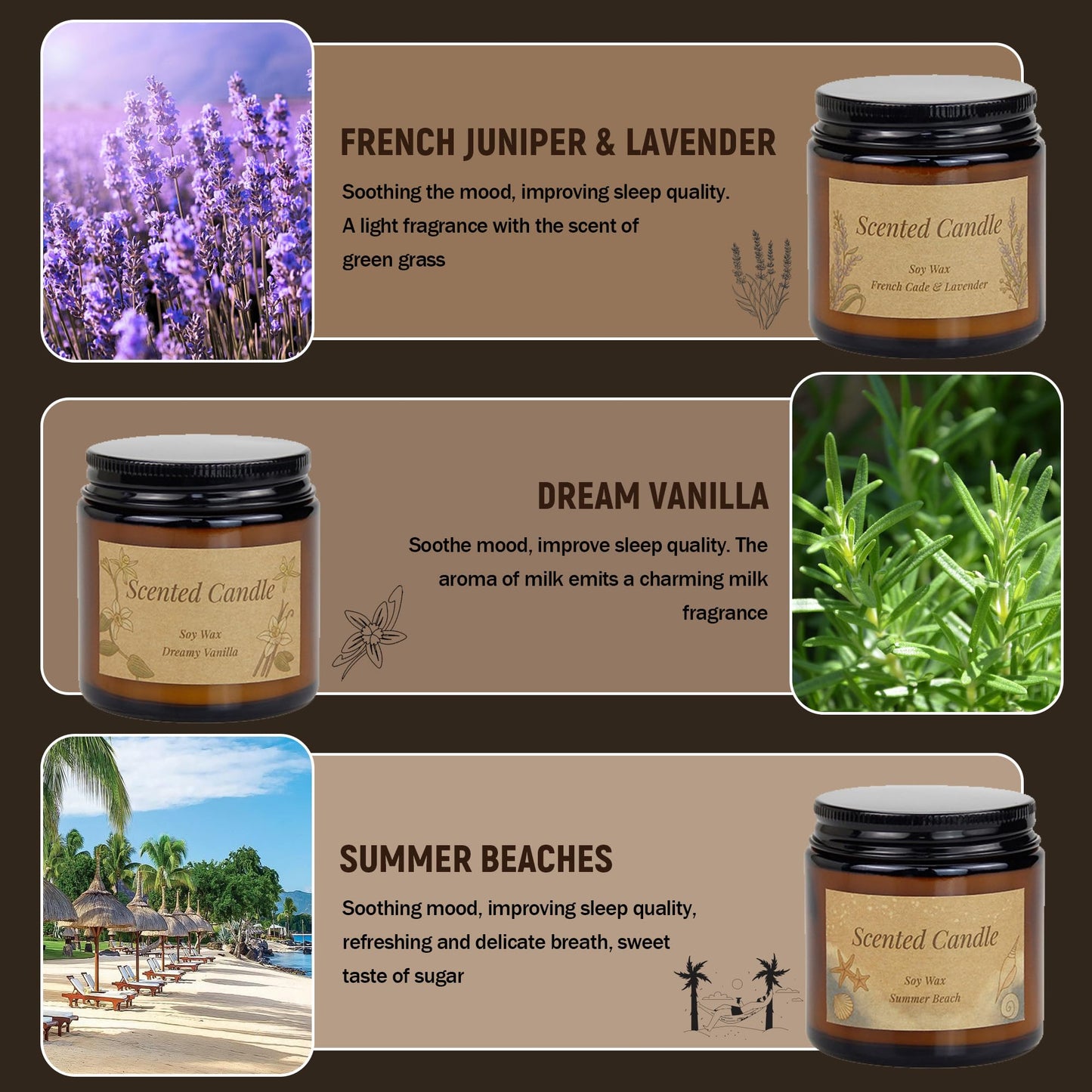 3 Packs Scented Candles, Soy Wax Aromatherapy Candles Set, 3.5oz Each, Natural Wax Candles for Home, Bedroom, Bathroom, for Women & Men Ideal Gift for Birthdays (Vanilla, Lavender, Summer Beaches)