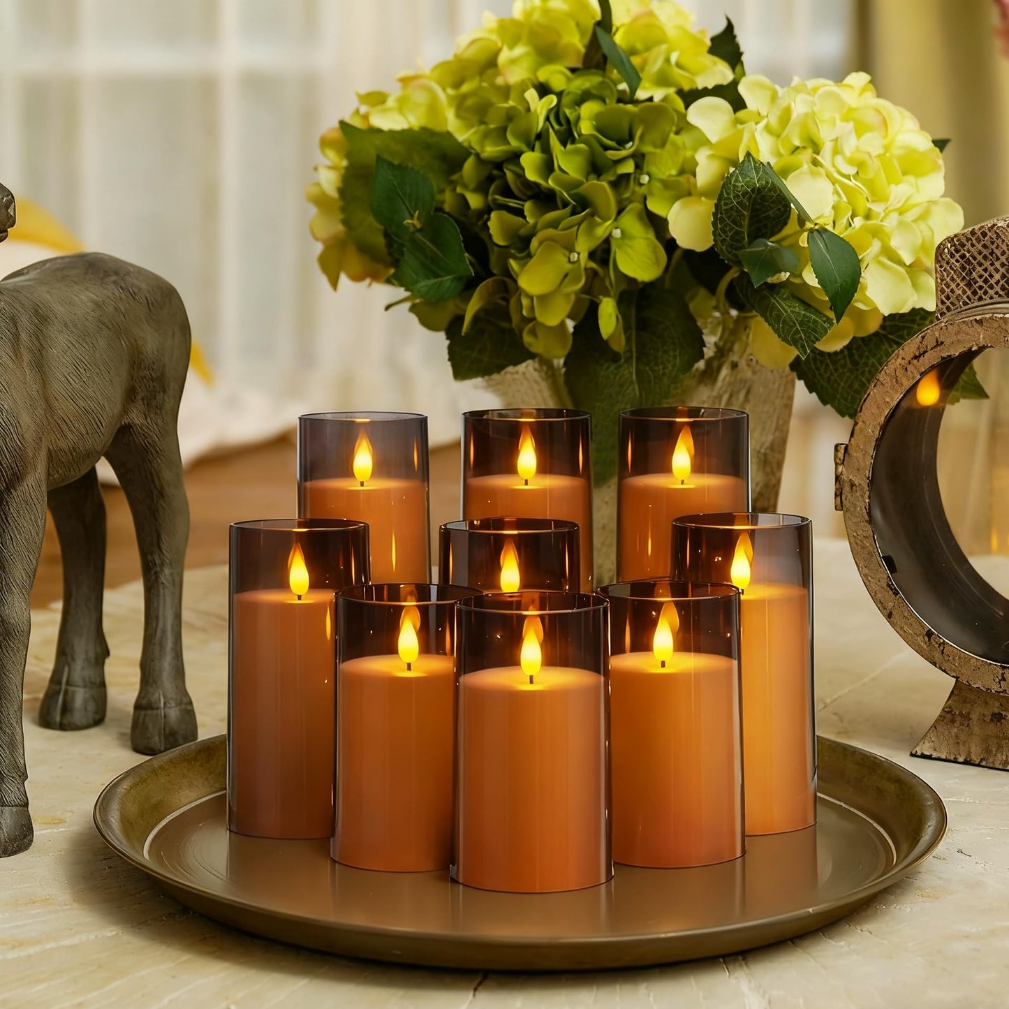 Homemory Gray Flickering Flameless Candles, Battery Operated Acrylic LED Pillar Candles with Remote Control and Timer, Halloween Decor, Set of 9