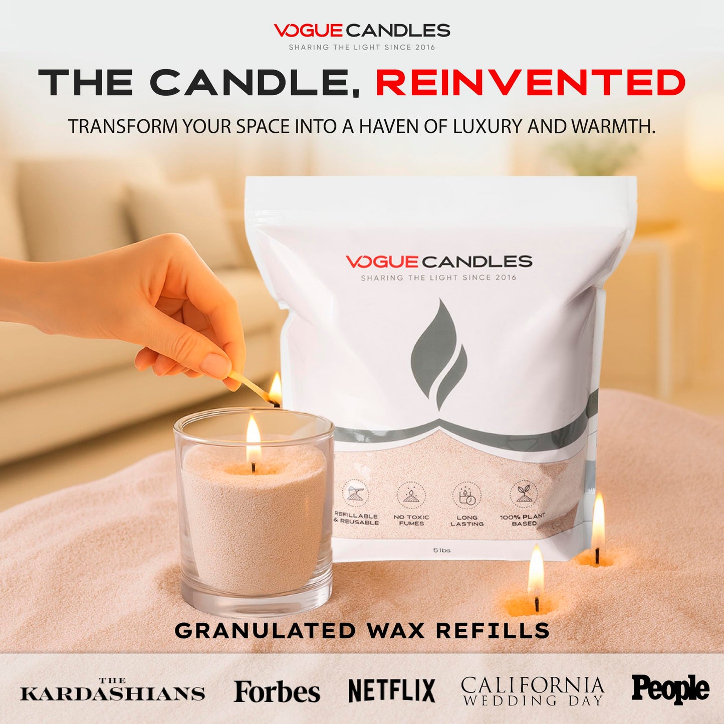 Vogue Candles Nude Pearled Candle Sand Wax (5 LB) – Sand Candle Kit w/50 Cotton Wicks for DIY Home Lighting – Plant-Based & Reusable Wax Granules Refill for Custom Vessels, Décor & Father’s Day Gifts