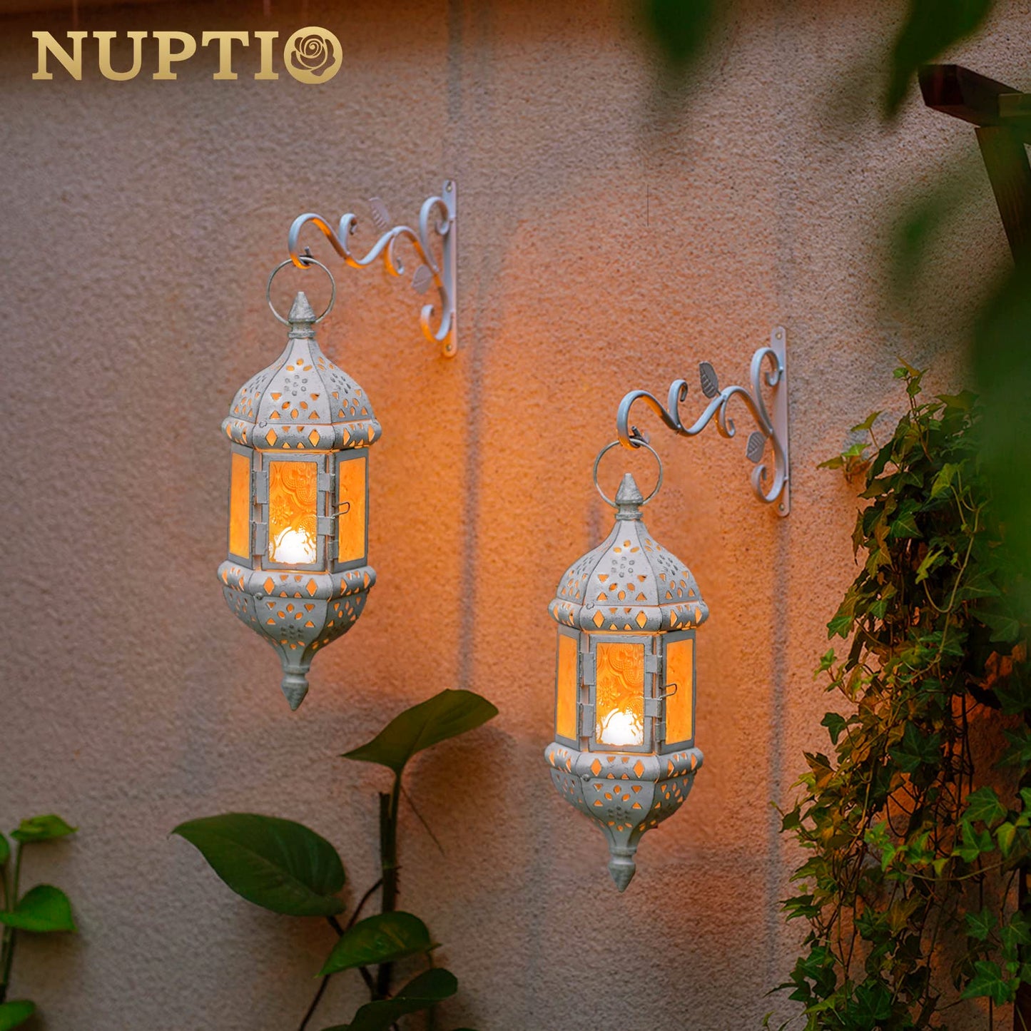 2 Pcs Moroccan Lantern Metalwork Hanging Tealight Candle Holder Metal Glass Indoor Outdoor Battery Operated LED Flameless with 35cm Chain, White