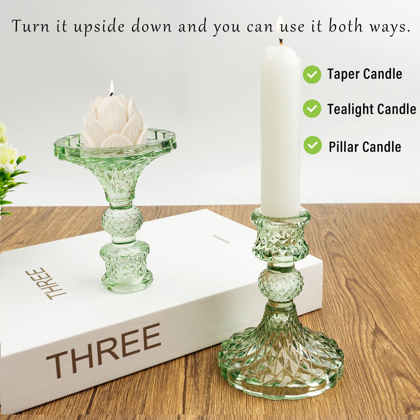 Glass Candlestick Holder Taper and Pillar Candle Holder, Desktop Decoration for Wedding Dinning Party-3 pcs(Green)