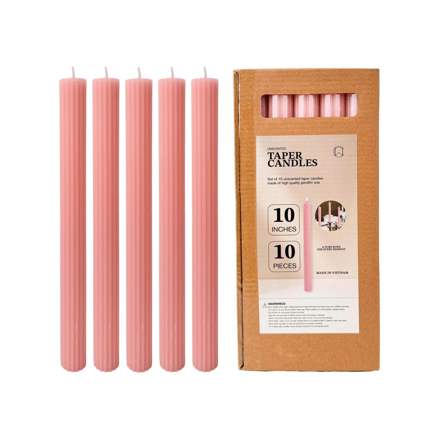 Ribbed Taper Candles 10 Inch 10 Pack Light Pink – CW Studio Unscented 11 Hour Burn, Dripless Smokeless Fluted Candlesticks for Wedding Centerpieces, Romantic Dinners & Home Decor